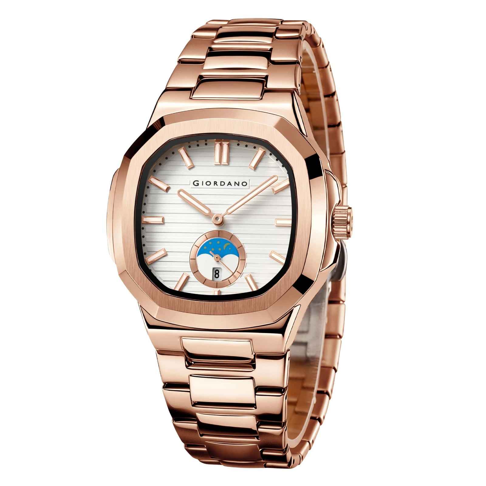 GIORDANO Analog Watch for Men – Classic Moon Phase Design with Textured Dial, Durable Stainless Steel Strap, and Date Display - GZ-50179-33