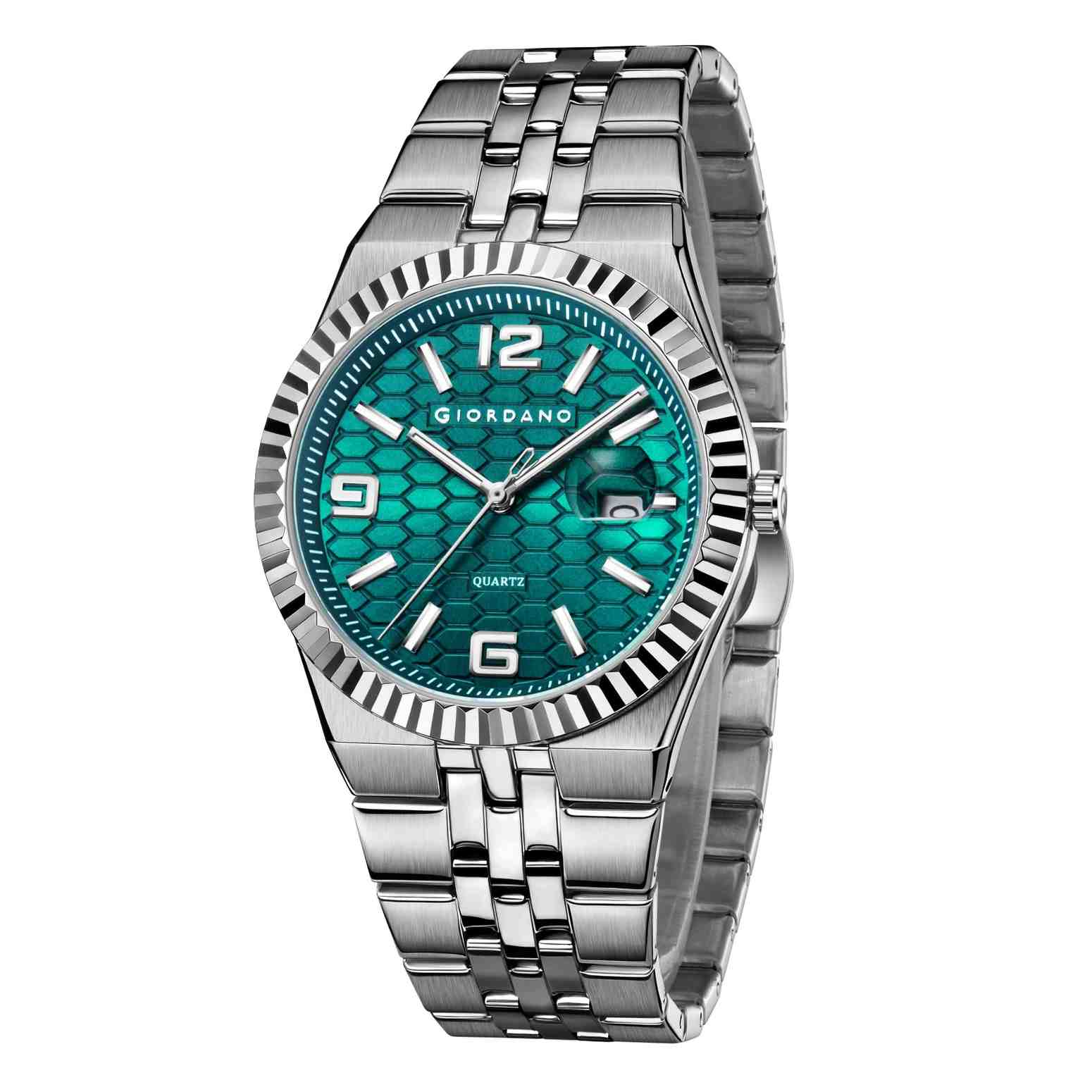GIORDANO Analog Watch for Men with Honeycomb Dial, Fluted Bezel, Stainless Steel Strap, Date Window & Luminous Hour Markers - GZ-50172-11