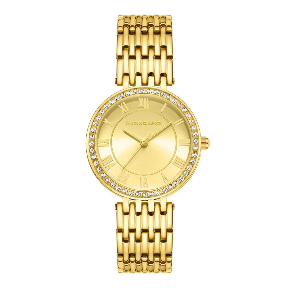 Giordano Eleganza Collection Watch for Women with Stainless Steel Strap and Crystal Embellished Bezel, Roman Numerals-A2083-00A