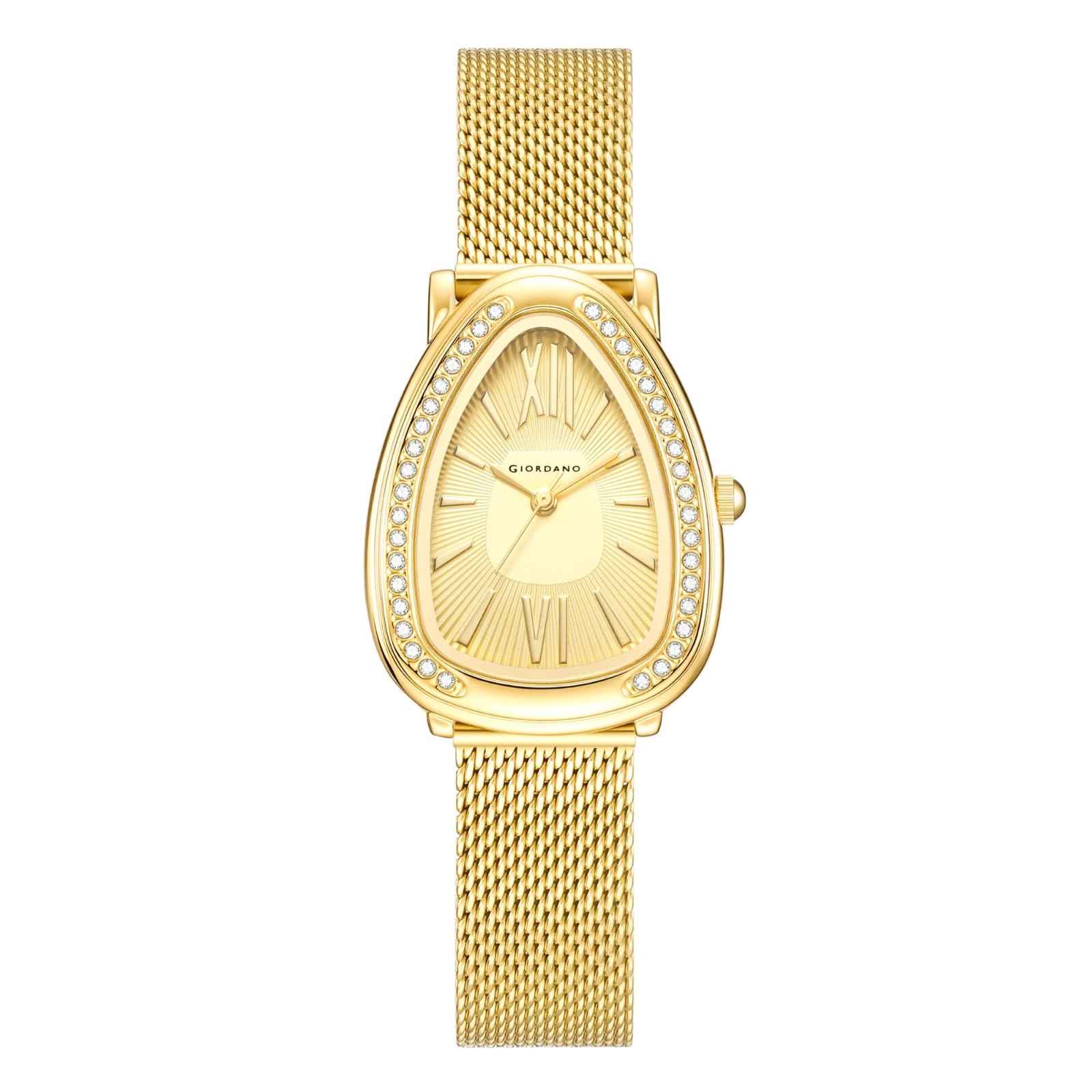GIORDANO Elegant Analog Watch for Women | Textured Teardrop Dial, Crystal-Studded Oval Case Bezel & Stainless Steel Mesh Strap - GZ-60123-33