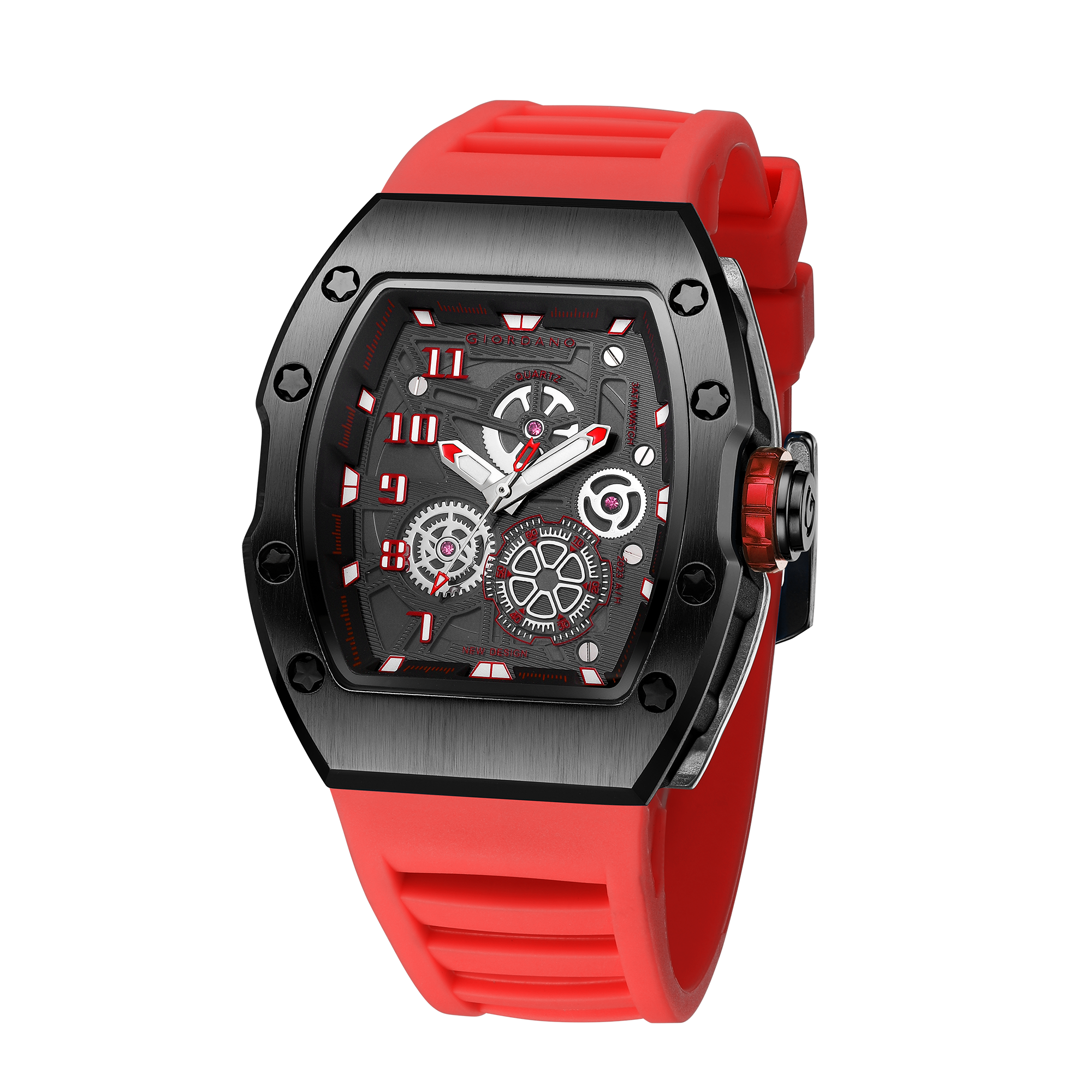 Giordano Sqaure Analog Casual Sporty Watch for Men – Mechanical-Inspired Design dial, Quartz Movement, silicon strap and date display | GZ-50150-02