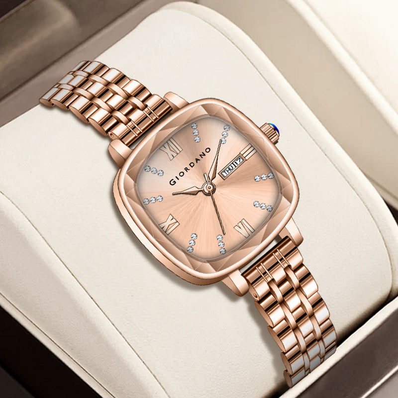 Giordano Elegant Square Rose Gold Watch for Women – Crystal & Roman Hour Markers, Day-Date Display, Stainless Steel Strap | GZ-60097-22