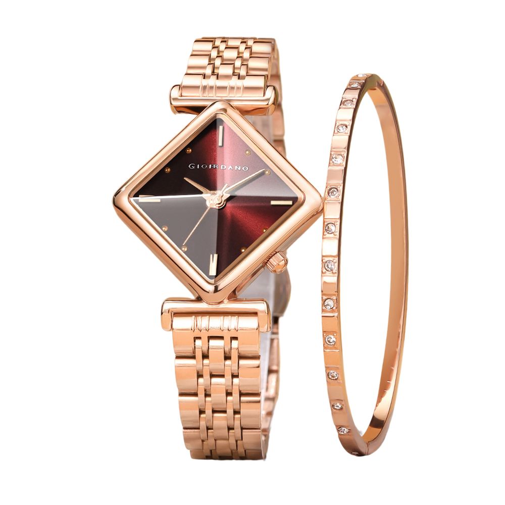 Giordano Rose Gold Analog Watch For Women with Bracelet Set – Diamond-Shaped Shimmer Dial, Crystal Detailing & Stainless Steel Strap – Elegant Gift Combo for Women | GZ-60106-33