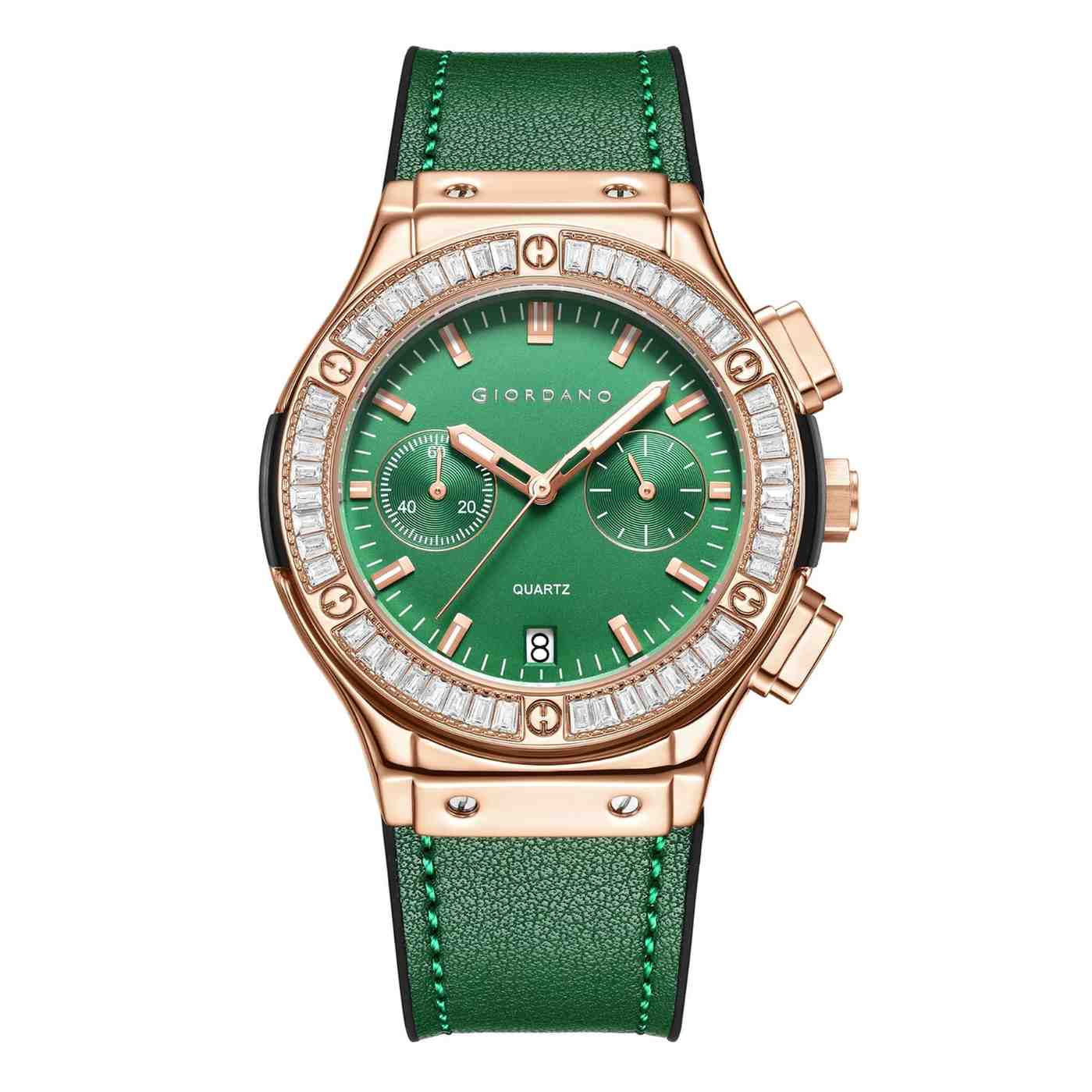 Giordano analog Watch for Women  – Round Dial,  Leather Strap, Crystal-Studded Bezel with Quartz Movement-GZ-60093-07