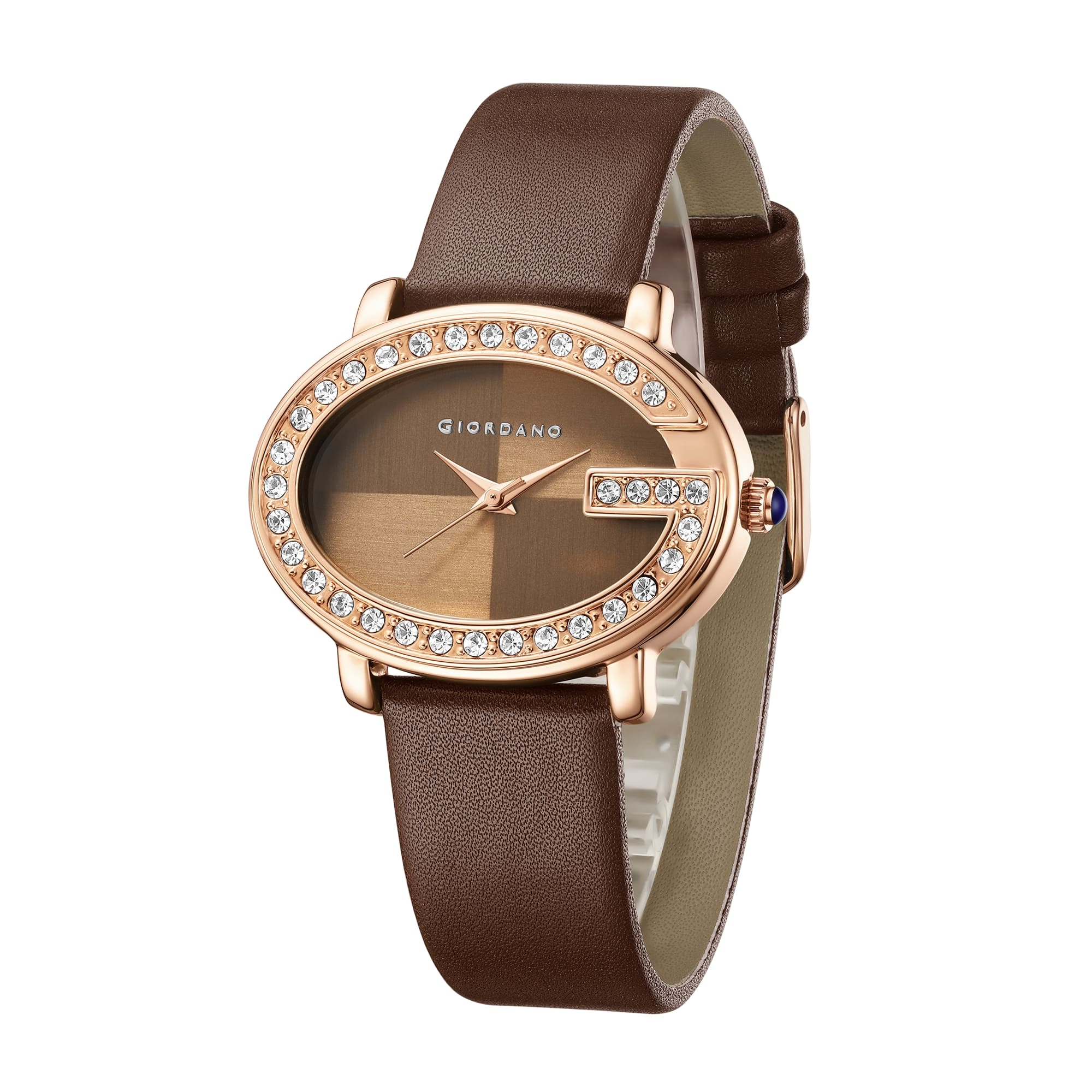 Giordano Monogram Watch for Women with Elegant Oval Shape Dial ,crystal bezel, Quartz Movement and Leather Strap | GZ-60105-03