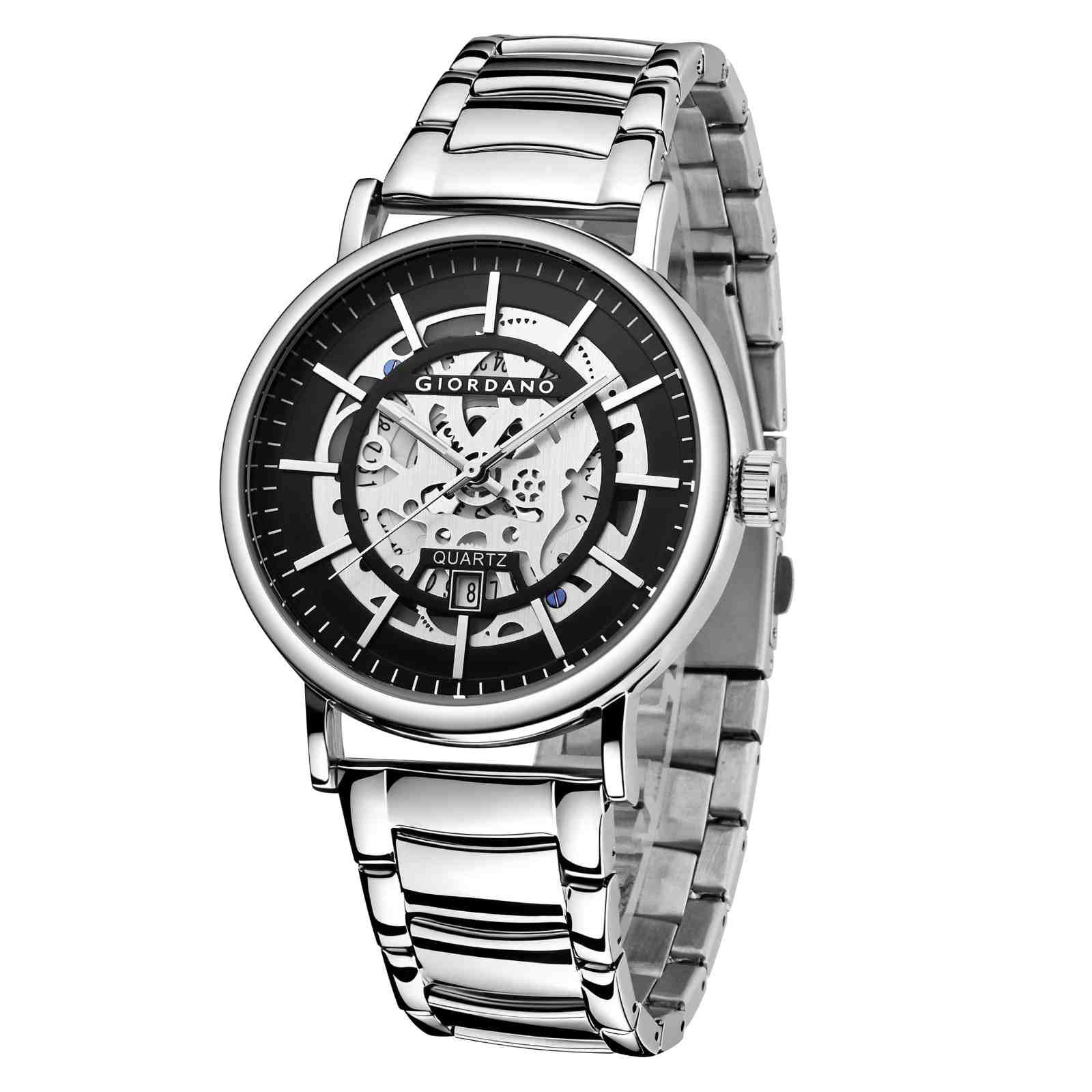 GIORDANO Classic Skeleton Design Watch for Men with Super Luminous Hands, Stainless Steel Strap, and Date Display - GZ-50182-22