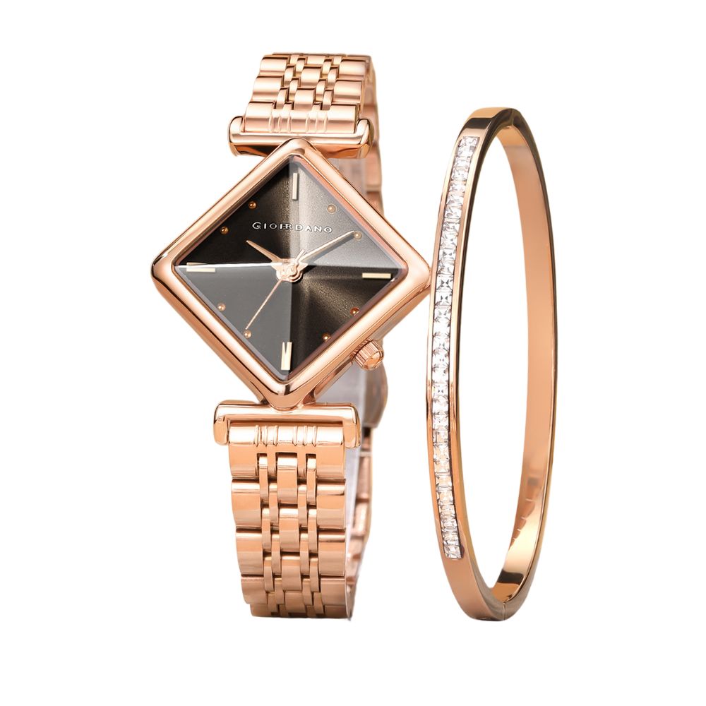 Giordano Rose Gold Analog Watch For Women with Bracelet Set – Diamond-Shaped Shimmer Dial, Crystal Detailing & Stainless Steel Strap – Elegant Gift Combo for Women | GZ-60106-44