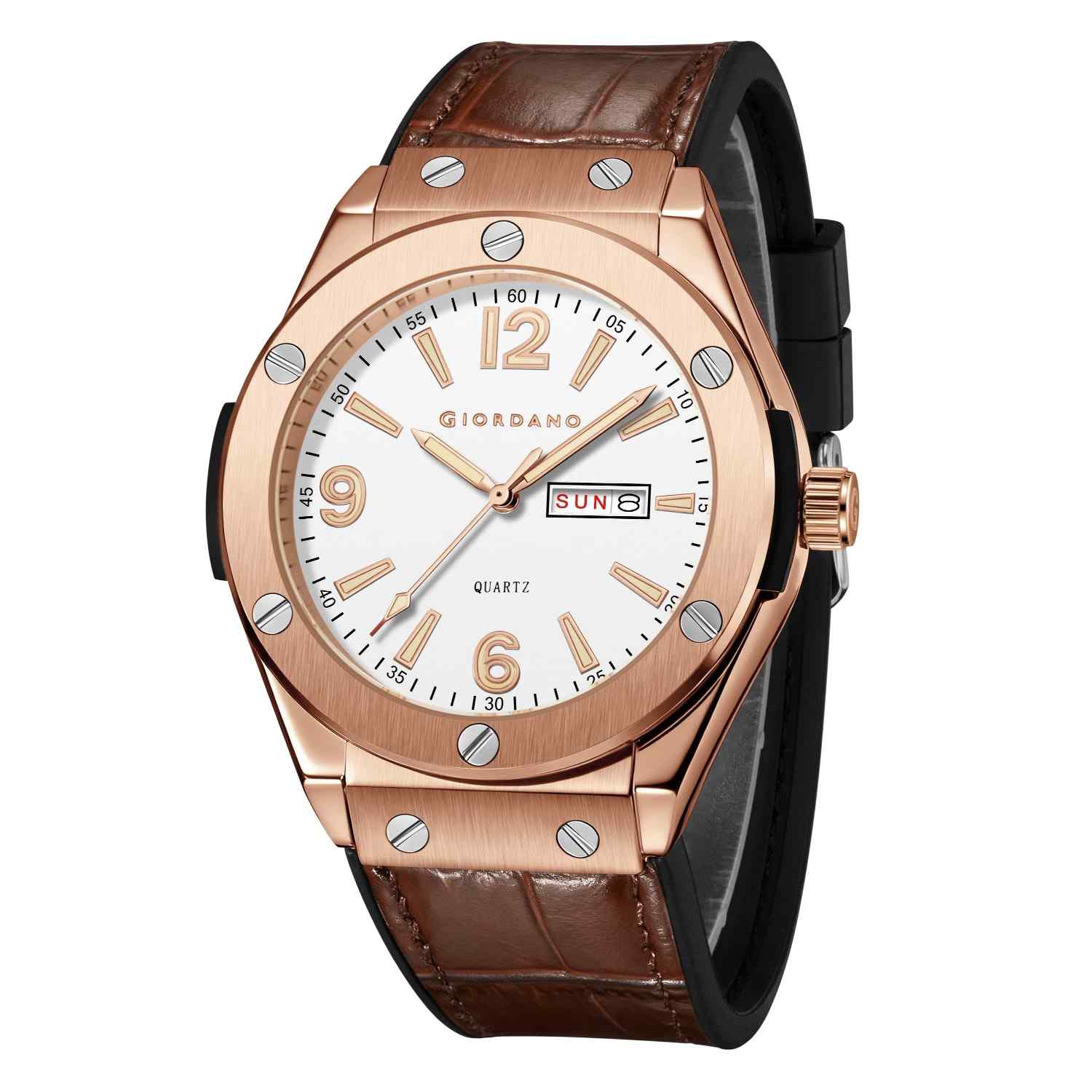 GIORDANO Luxury Watch for Men with Leather Strap, Day-Date Display, Brushed Metal Finish, and Silver Screw Details - GZ-50176-03