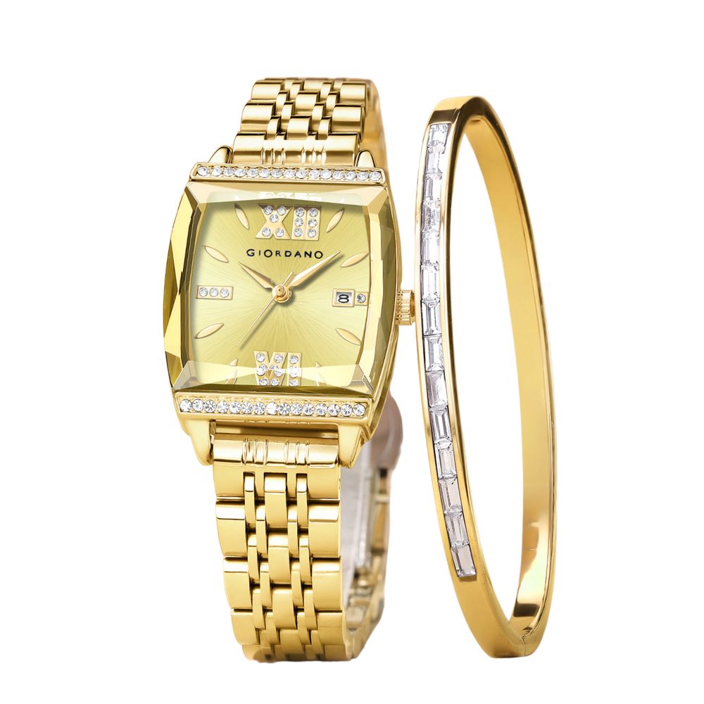 Giordano Analog Watch with Bracelet Set for Women – Cut Glass Square Dial, Crystal Roman Indices and Stainless Steel Strap – Elegant Gift Combo for Women | GZ-60117-66