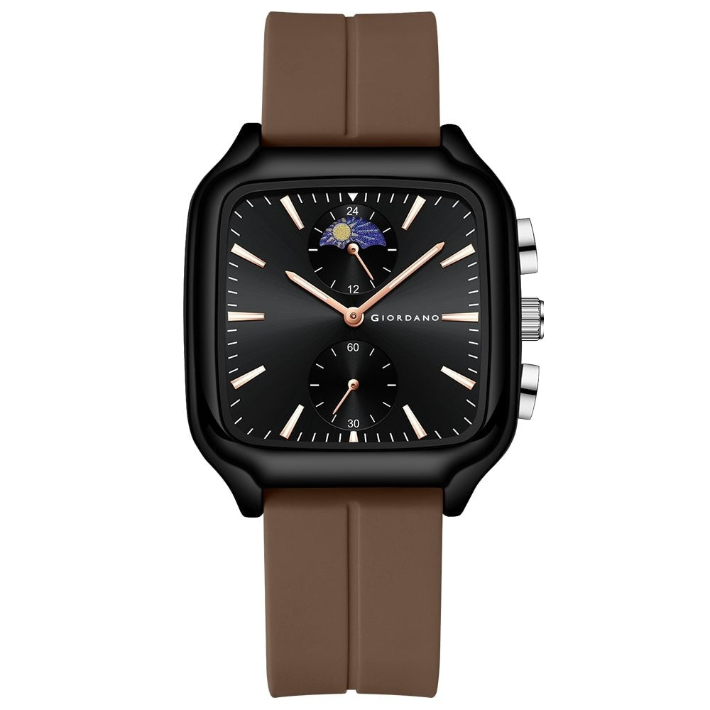 Giordano Premium Square Case Watch for Men | Moon Phase/24-Hour Indicator, Dual Subdials, Silicone Strap GZ-50166-02
