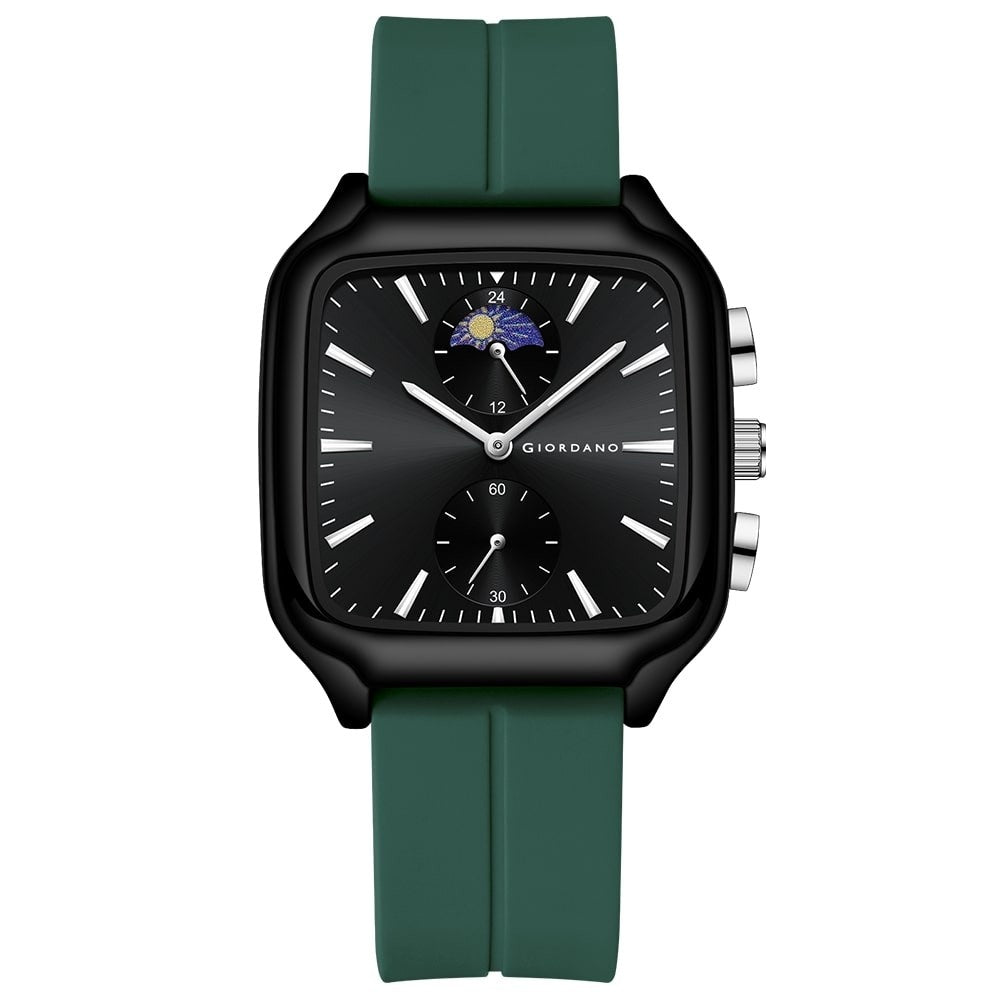 Giordano Premium Square Case Watch for Men | Moon Phase/24-Hour Indicator, Dual Subdials, Silicone Strap GZ-50166-03