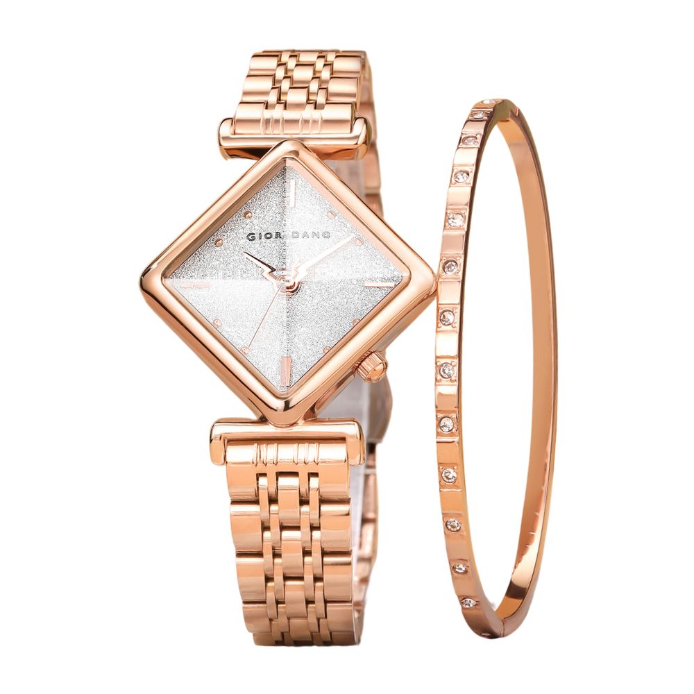 Giordano Rose Gold Analog Watch For Women with Bracelet Set – Diamond-Shaped Shimmer Dial, Crystal Detailing & Stainless Steel Strap – Elegant Gift Combo for Women | GZ-60106-11
