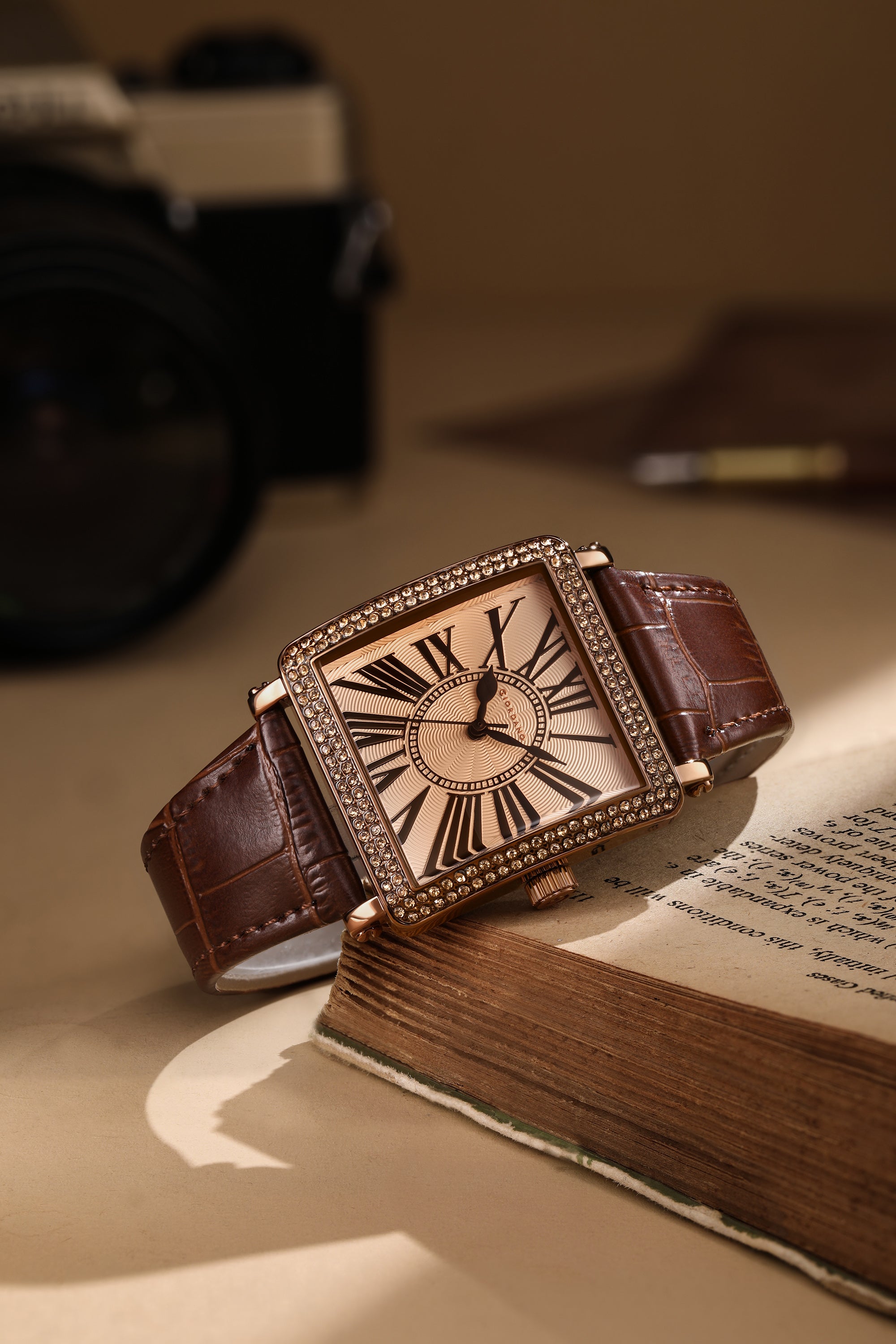 Giordano Elegant Watch for women Crystal-Studded Square Dial,  Leather Band,  Roman Numeral Dial-GZ-60091-03