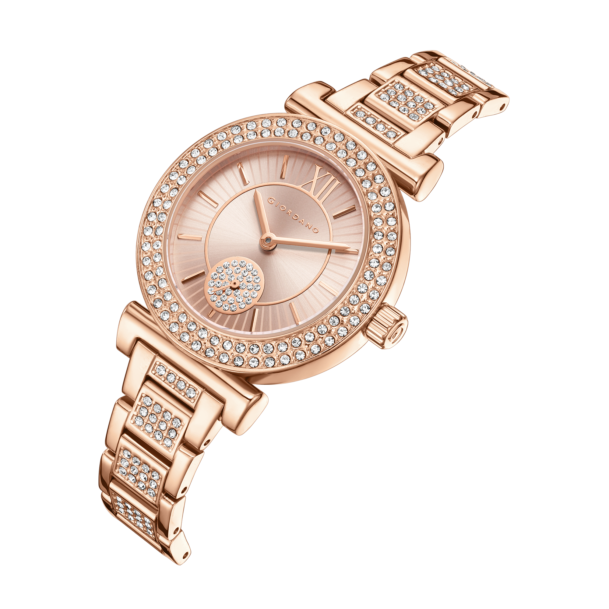 Giordano Luxury Analog Watch for Women - Elegant Crystal Design with sub dial and Diamond Studed statinless Steel Strap | GZ-60086-11