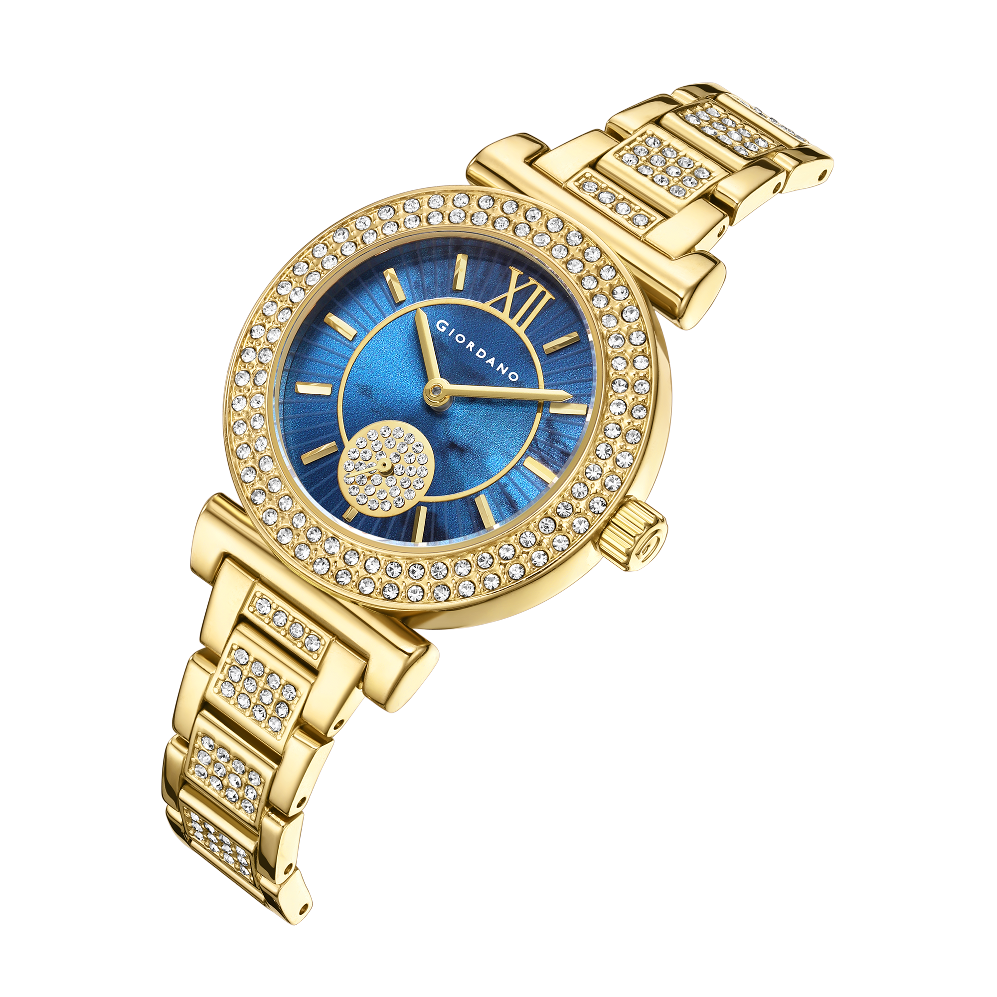 Giordano Luxury Analog Watch for Women - Elegant Crystal Design with sub dial and Diamond Studed statinless Steel Strap | GZ-60086-22