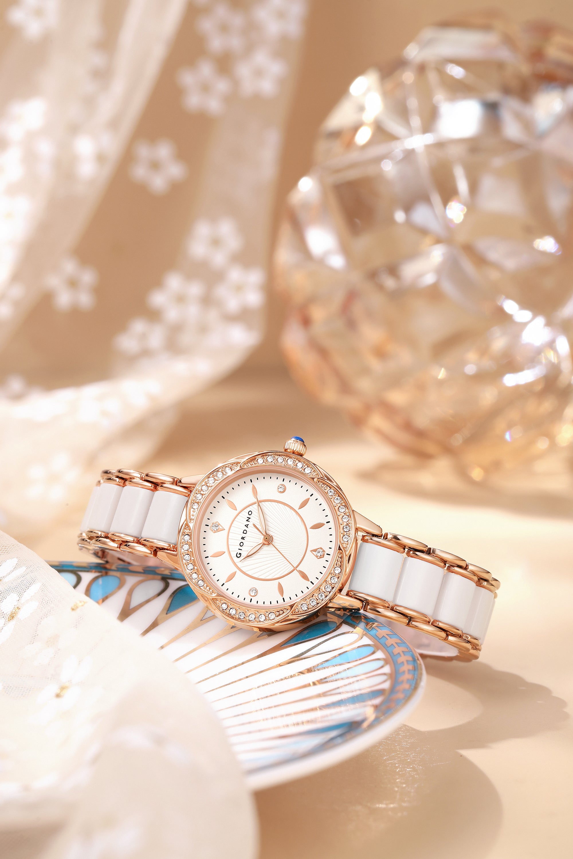 Giordano Flower Case Watch for Women with Crystal-Studded Bezel, Diamond Hour Markers & Dual Tone Stainless Strap | GZ-60095-33