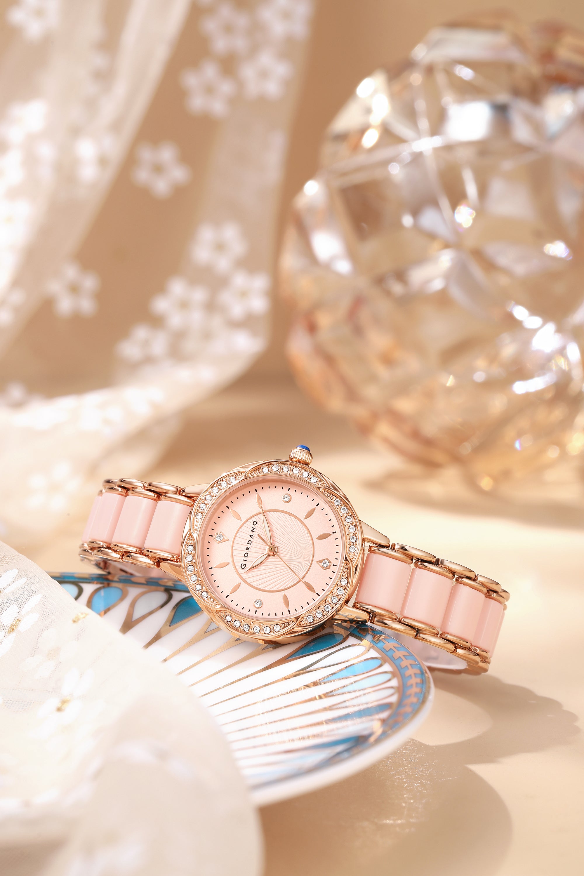 Giordano Flower Case Watch for Women with Crystal-Studded Bezel, Diamond Hour Markers & Dual Tone Stainless Strap | GZ-60095-22