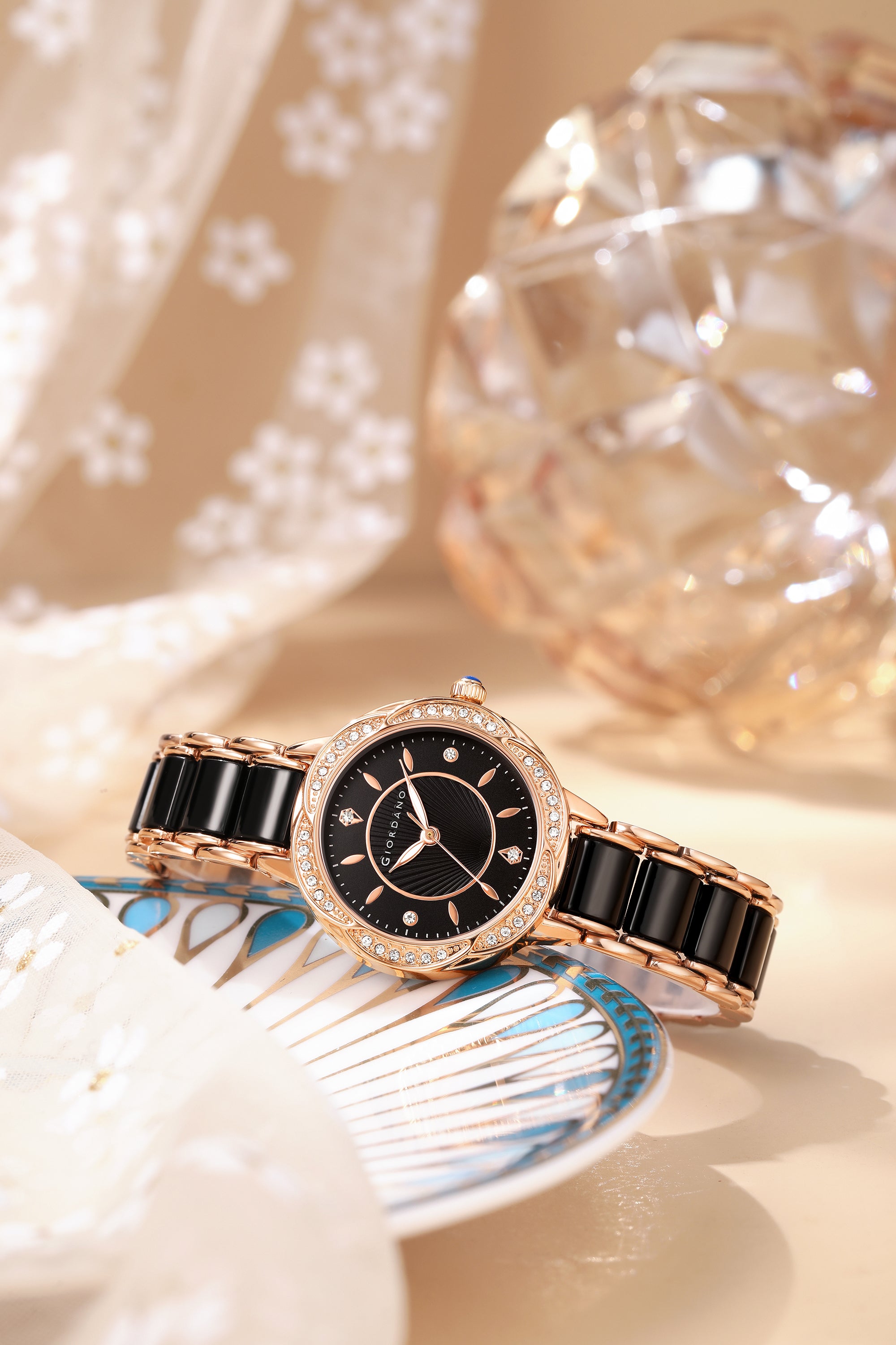 Giordano Flower Case Watch for Women with Crystal-Studded Bezel, Diamond Hour Markers & Dual Tone Stainless Strap | GZ-60095-11