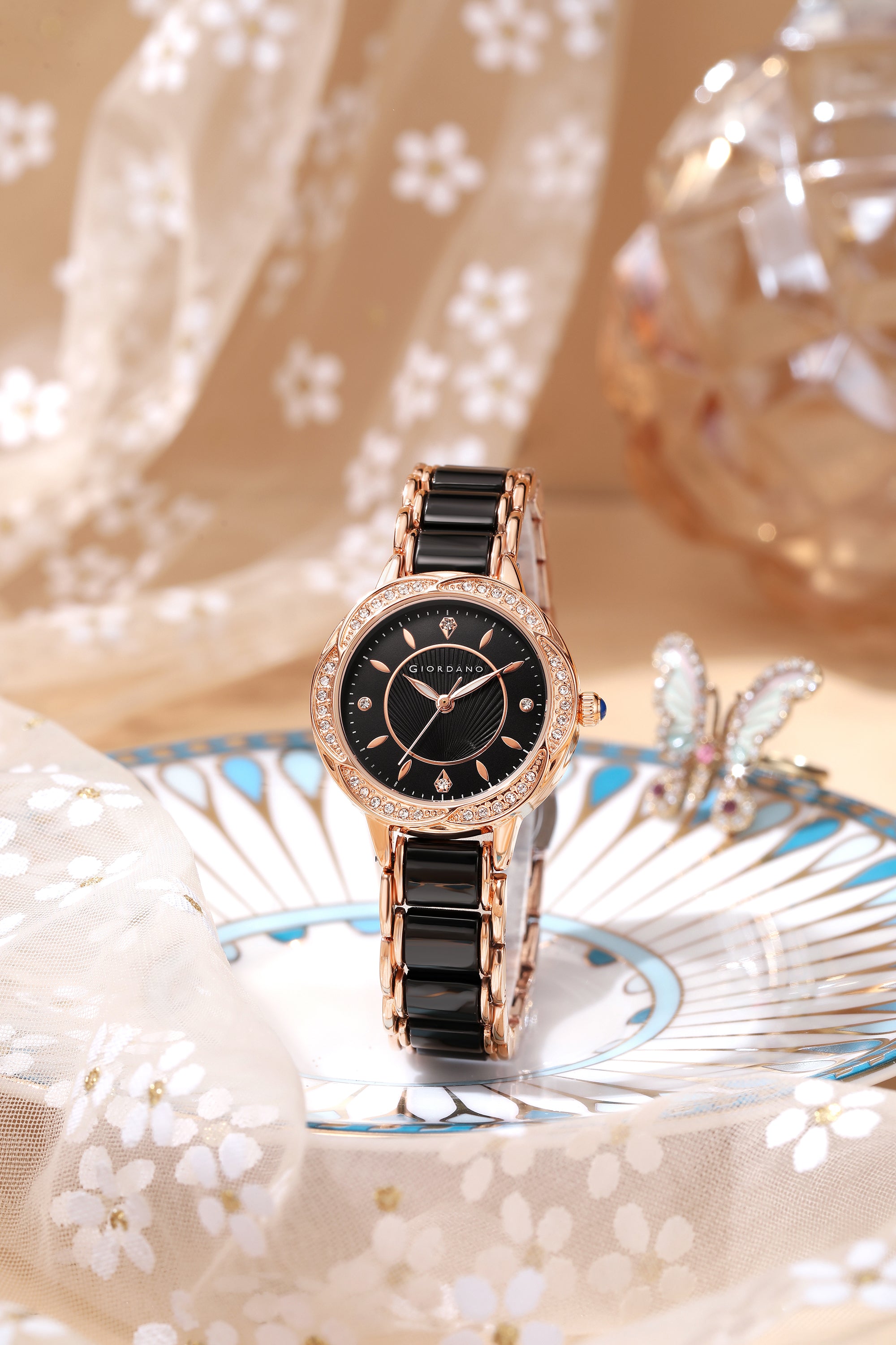Giordano Flower Case Watch for Women with Crystal-Studded Bezel, Diamond Hour Markers & Dual Tone Stainless Strap | GZ-60095-11