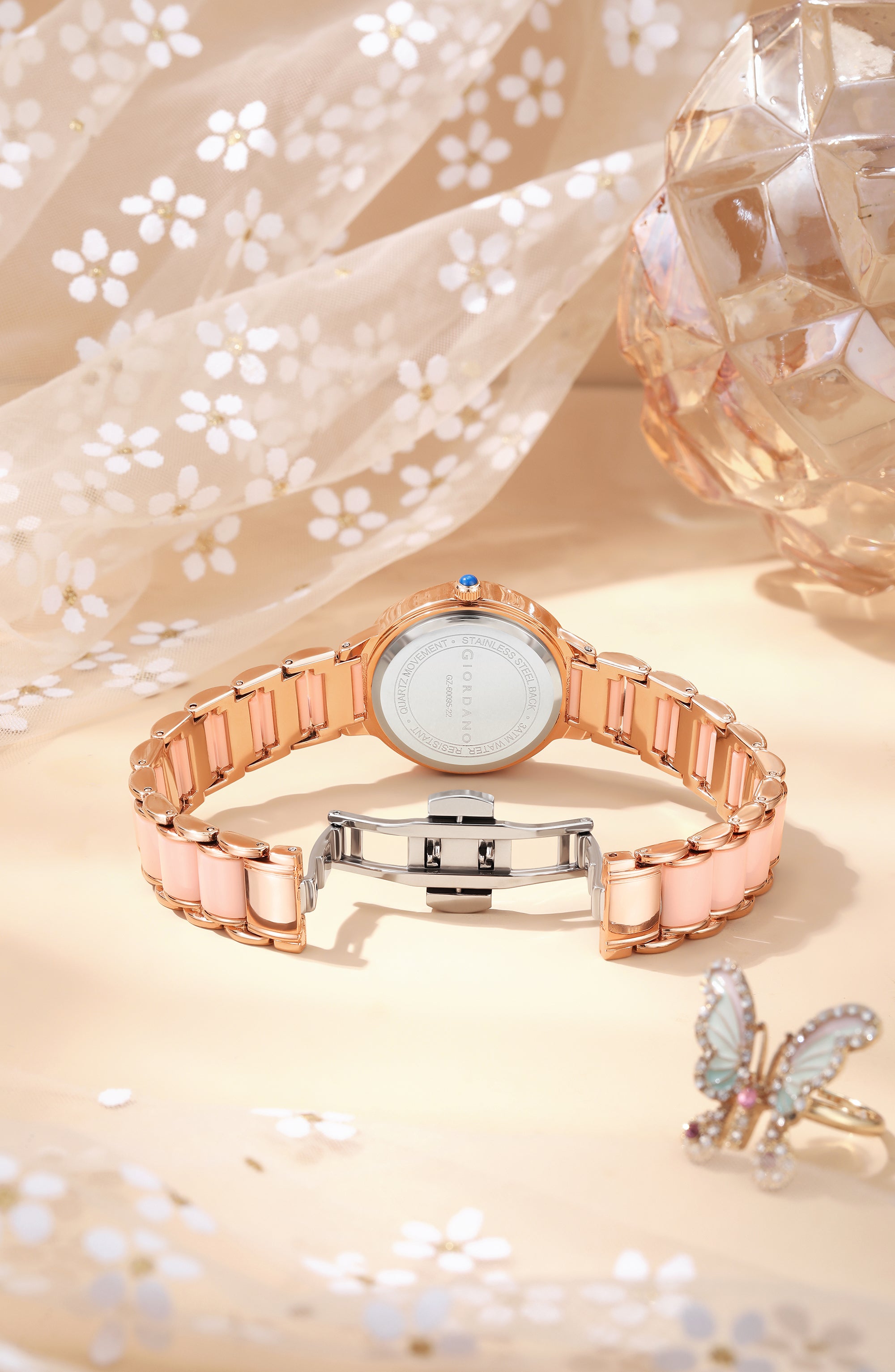 Giordano Flower Case Watch for Women with Crystal-Studded Bezel, Diamond Hour Markers & Dual Tone Stainless Strap | GZ-60095-22
