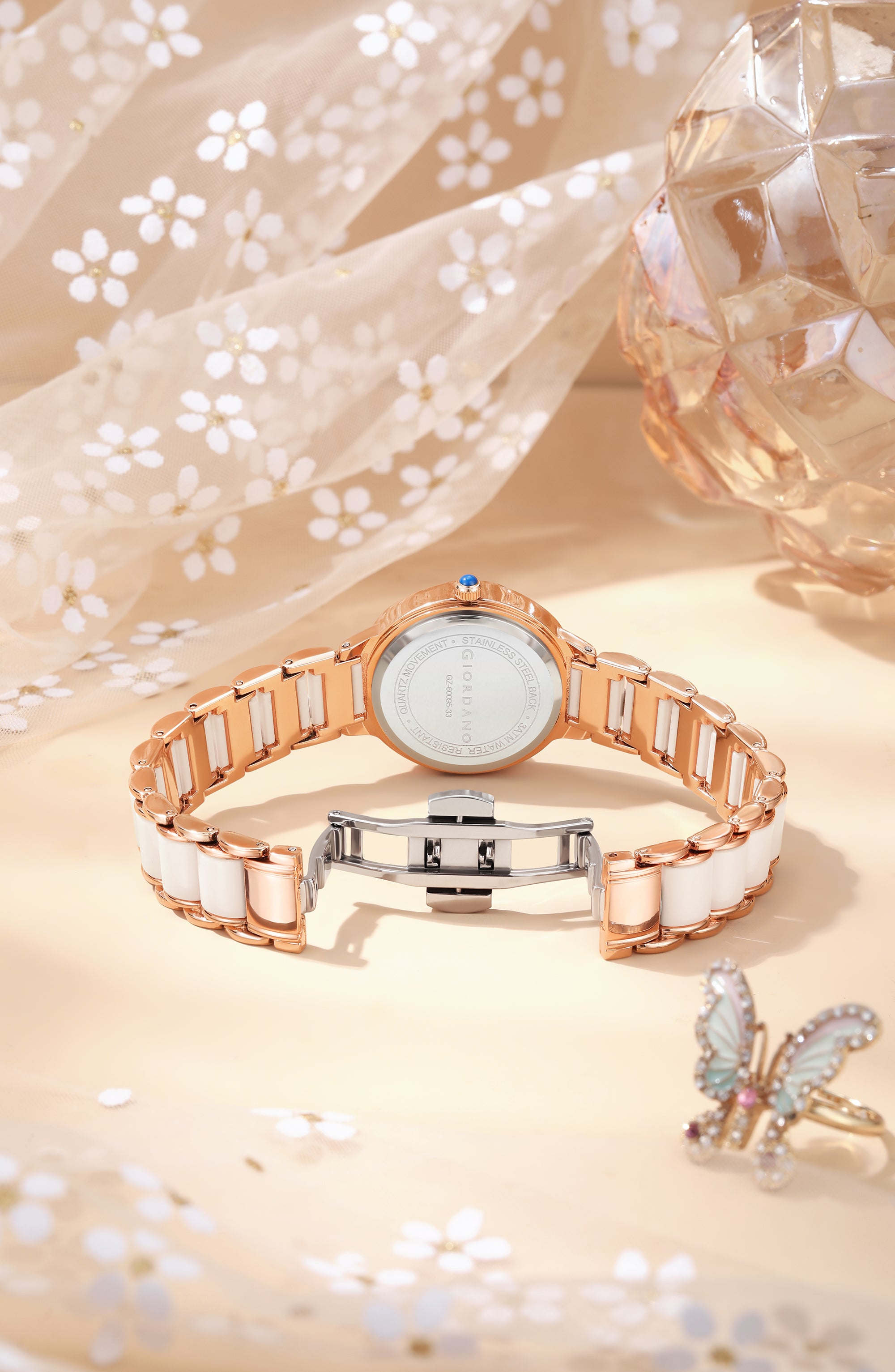 Giordano Flower Case Watch for Women with Crystal-Studded Bezel, Diamond Hour Markers & Dual Tone Stainless Strap | GZ-60095-33