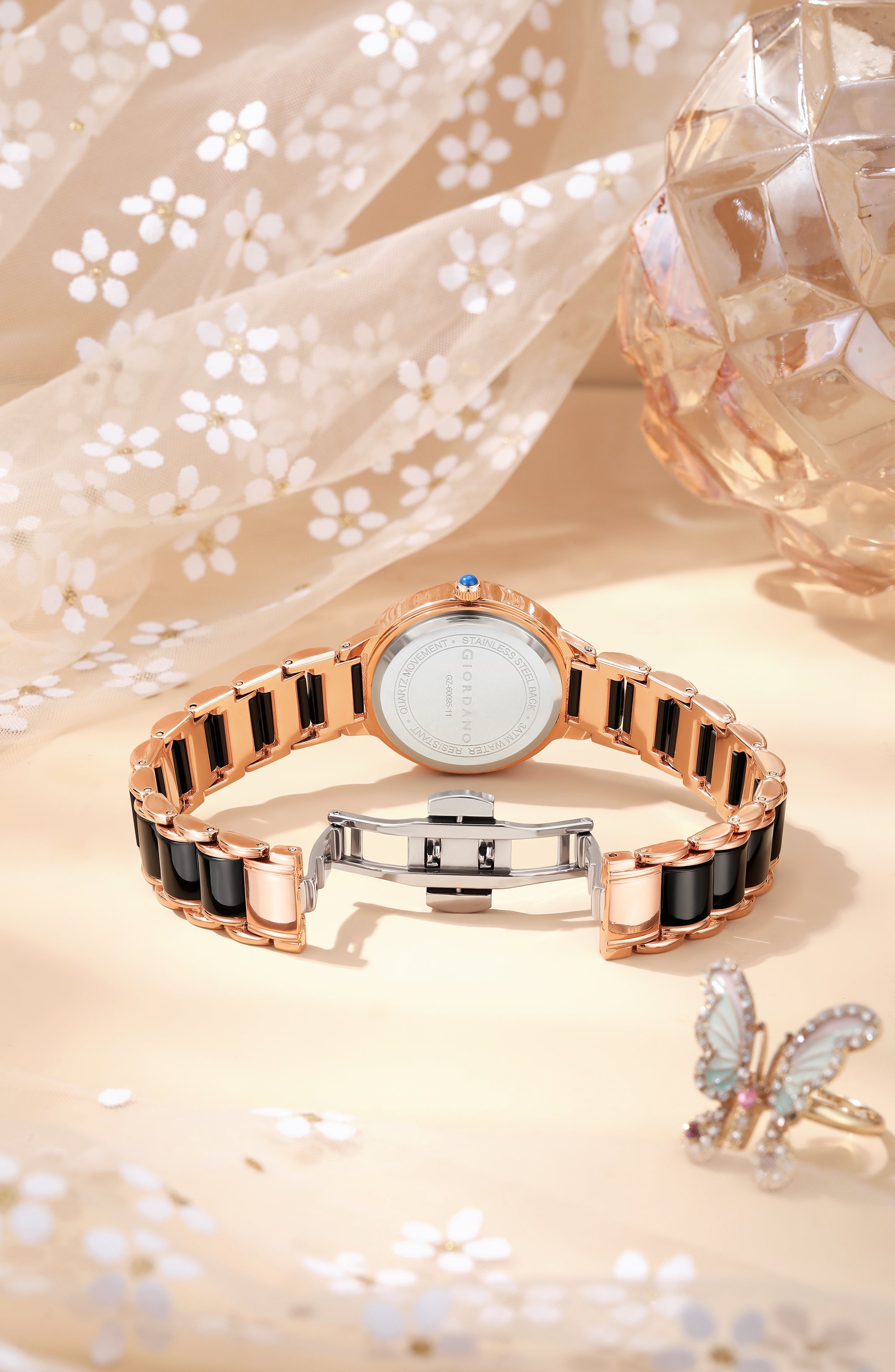 Giordano Flower Case Watch for Women with Crystal-Studded Bezel, Diamond Hour Markers & Dual Tone Stainless Strap | GZ-60095-11