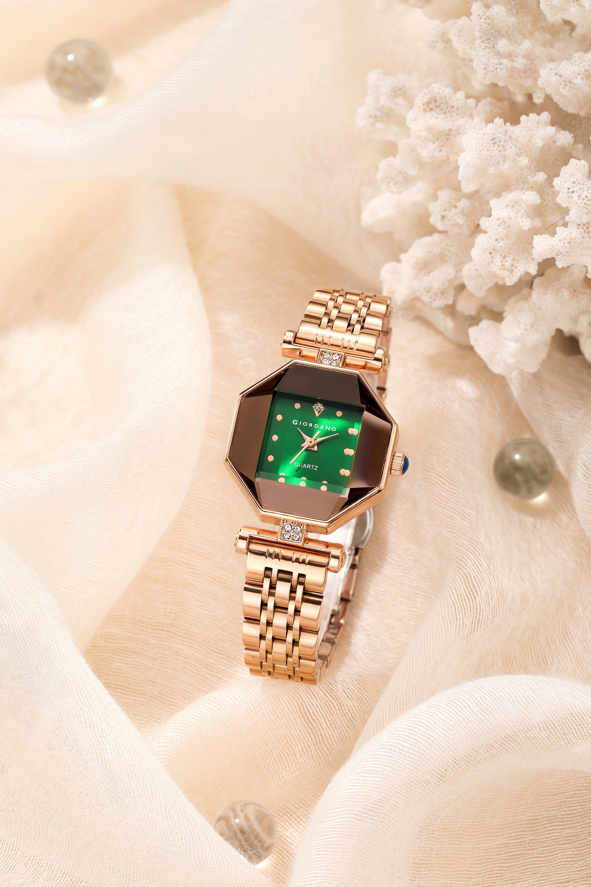 Giordano Dress Watch for Women – Rose Gold Finish, Diamond Accented Octagonal Dial & Stainless Steel Strap | GZ-60096-33