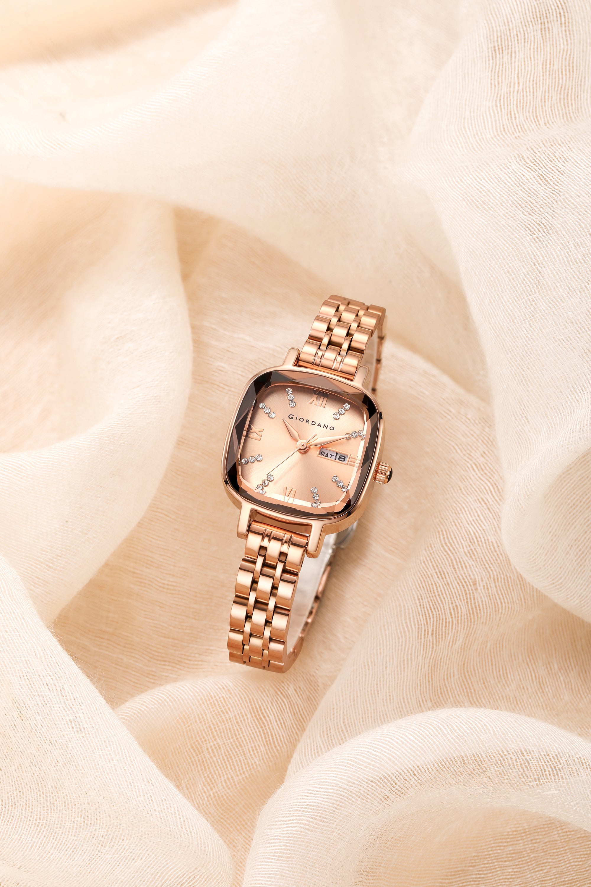 Giordano Elegant Square Rose Gold Watch for Women – Crystal & Roman Hour Markers, Day-Date Display, Stainless Steel Strap | GZ-60097-22