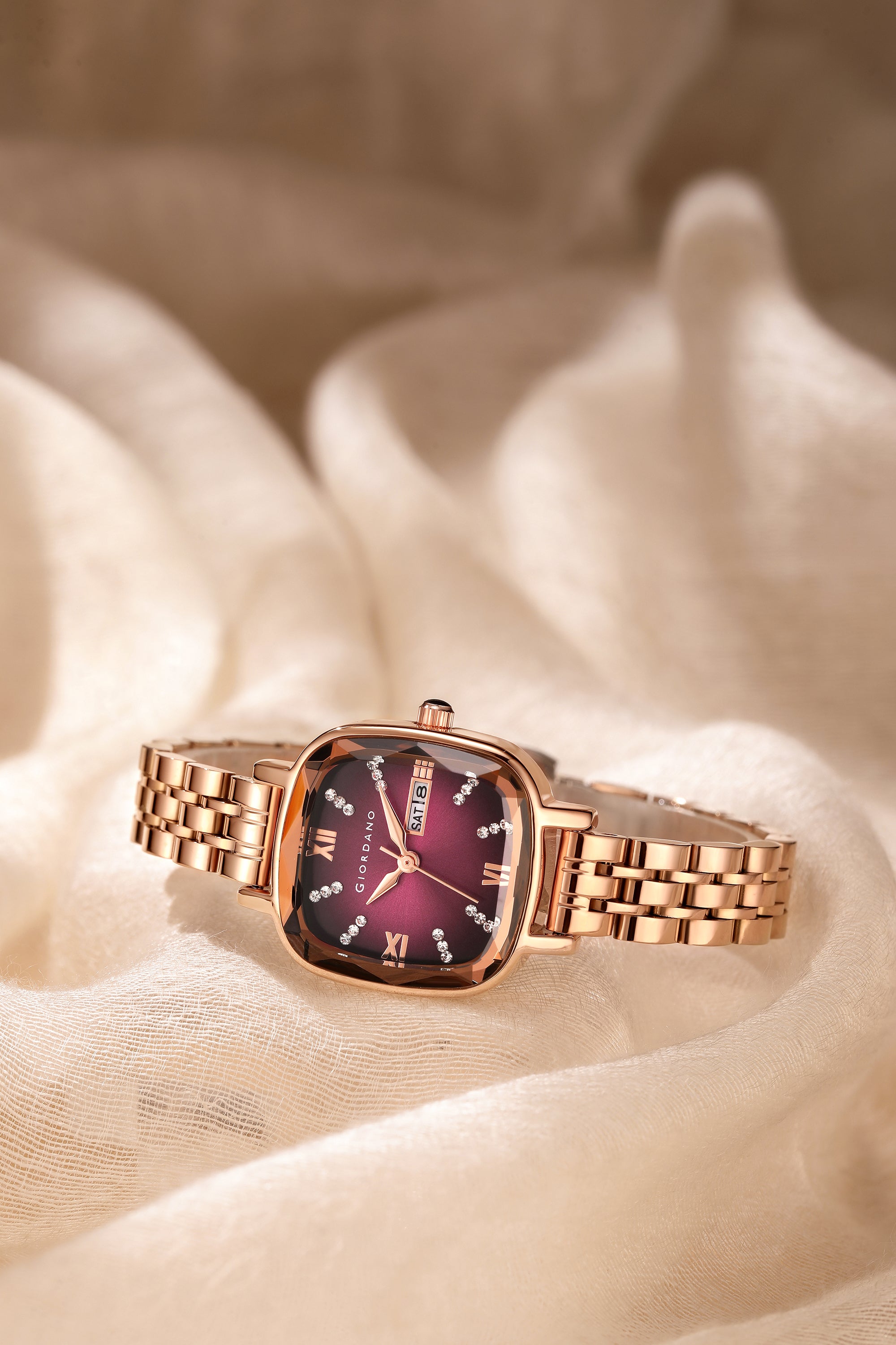 Giordano Elegant Square Rose Gold Watch for Women – Crystal & Roman Hour Markers, Day-Date Display, Stainless Steel Strap | GZ-60097-11