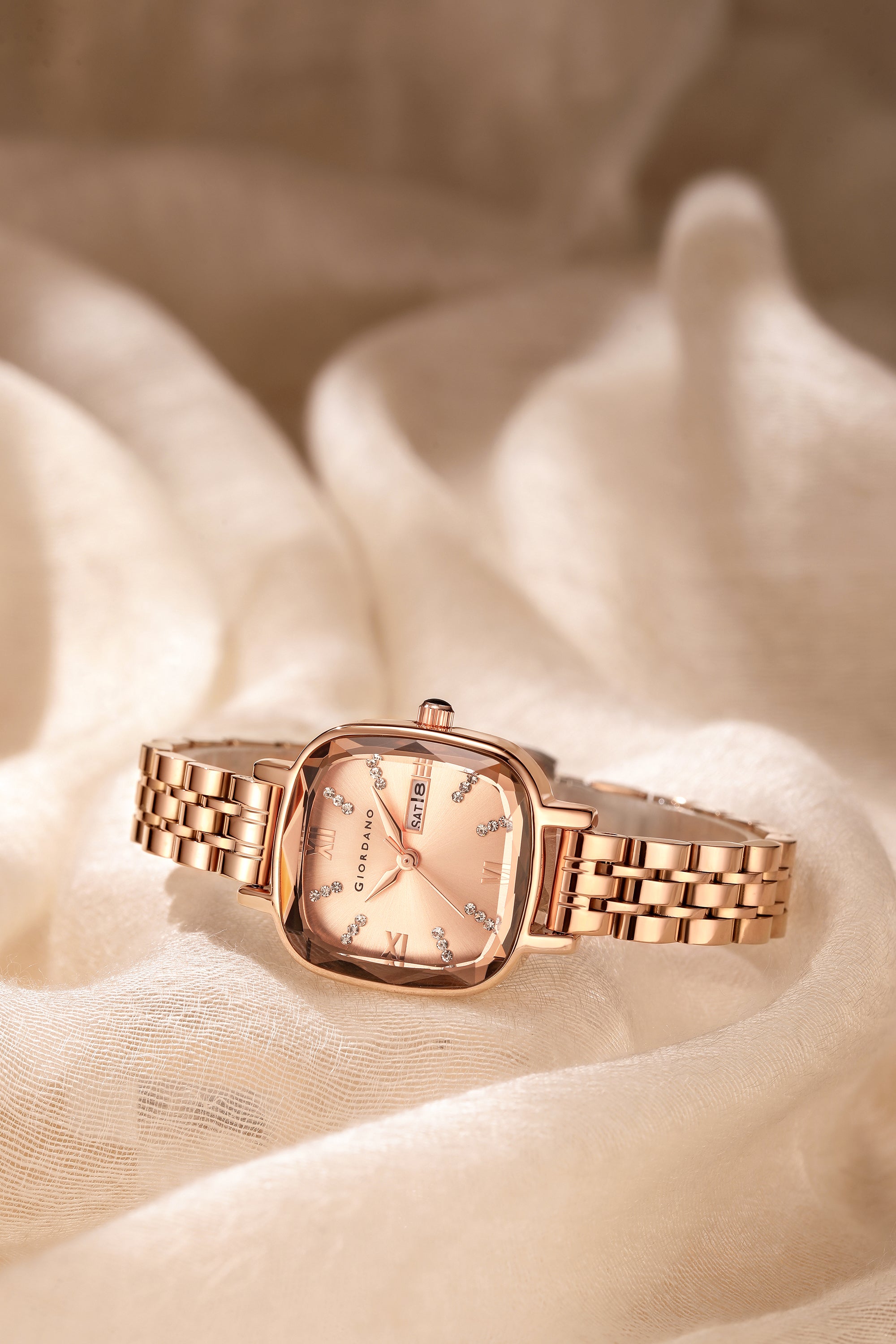 Giordano Elegant Square Rose Gold Watch for Women – Crystal & Roman Hour Markers, Day-Date Display, Stainless Steel Strap | GZ-60097-22