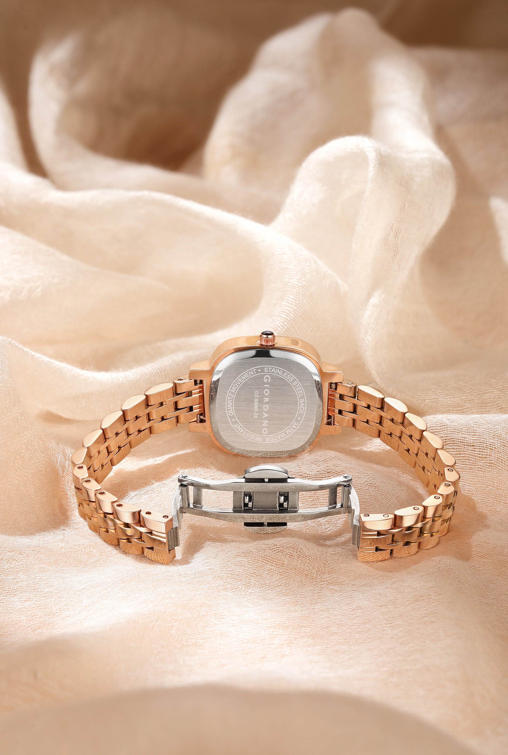 Giordano Elegant Square Rose Gold Watch for Women – Crystal & Roman Hour Markers, Day-Date Display, Stainless Steel Strap | GZ-60097-33