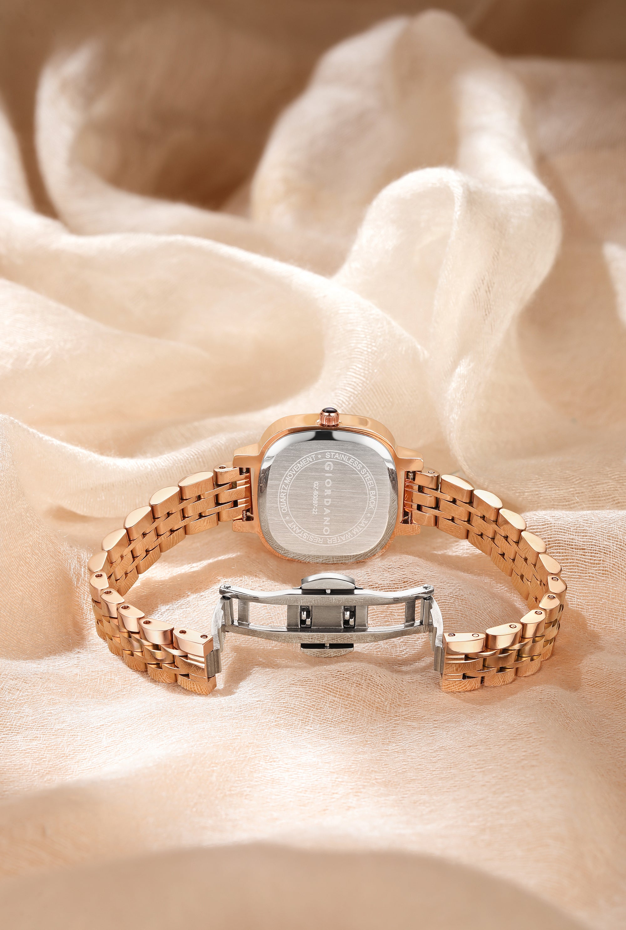 Giordano Elegant Square Rose Gold Watch for Women – Crystal & Roman Hour Markers, Day-Date Display, Stainless Steel Strap | GZ-60097-22