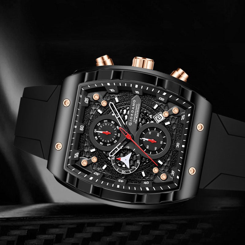 Giordano Black  Square Dial Multifuncational Watch for Men with Stylish Design, Waterproof, Date Display & Silicone Strap GZ-50123-01