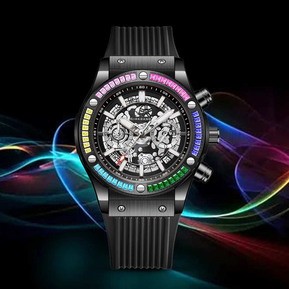 Giordano Multi-Function Watch for Men | Rainbow Crystal Bezel | Skeleton Dial | Black Sillicon Strap | GZ-50130-01