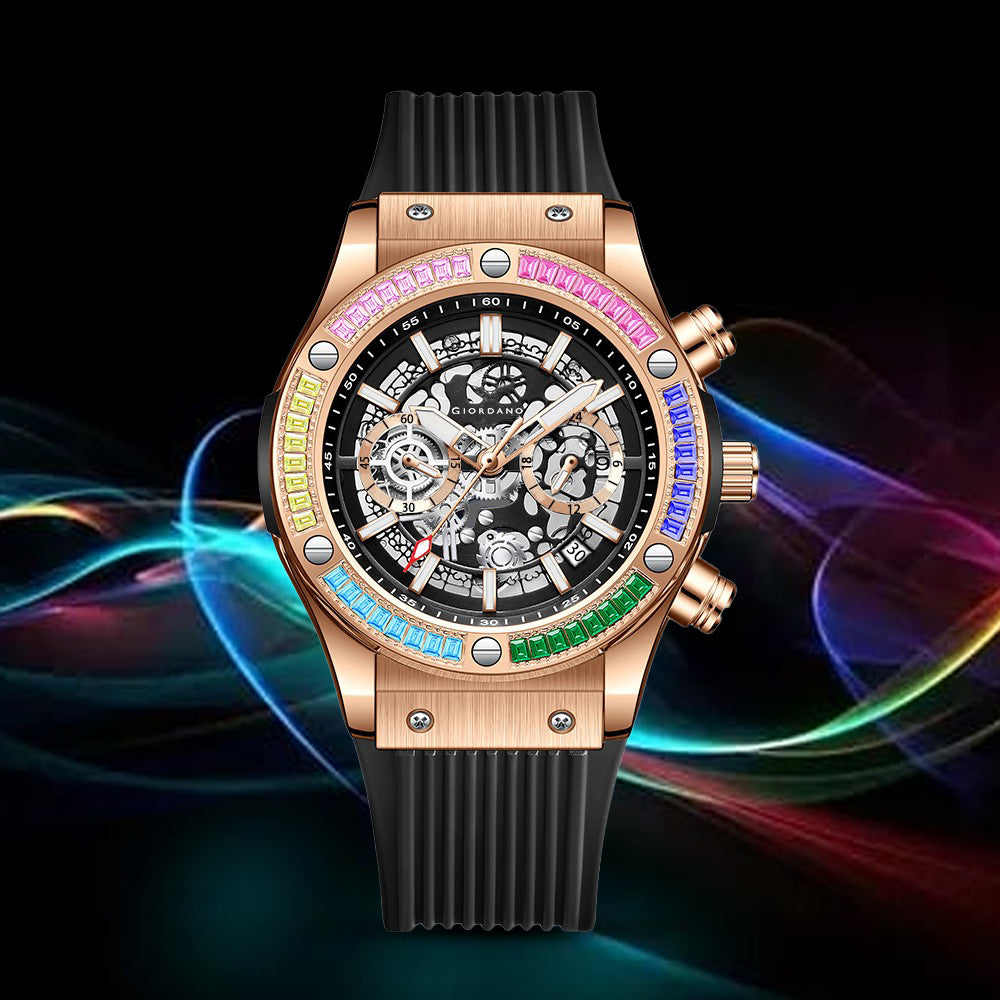 Giordano Multi-Function Watch for Men | Rainbow Crystal Bezel | Skeleton Dial | Black Sillicon Strap | GZ-50130-03