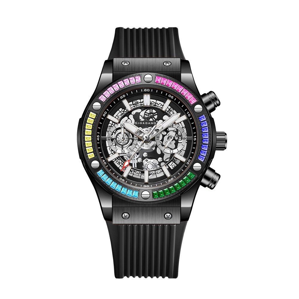 Giordano Multi-Function Watch for Men | Rainbow Crystal Bezel | Skeleton Dial | Black Sillicon Strap | GZ-50130-01