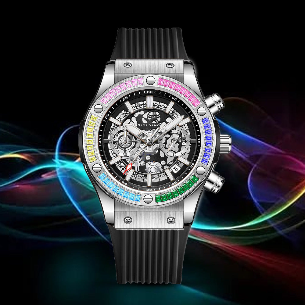 Giordano Multi-Function Watch for Men | Rainbow Crystal Bezel | Skeleton Dial | Black Sillicon Strap | GZ-50130-02