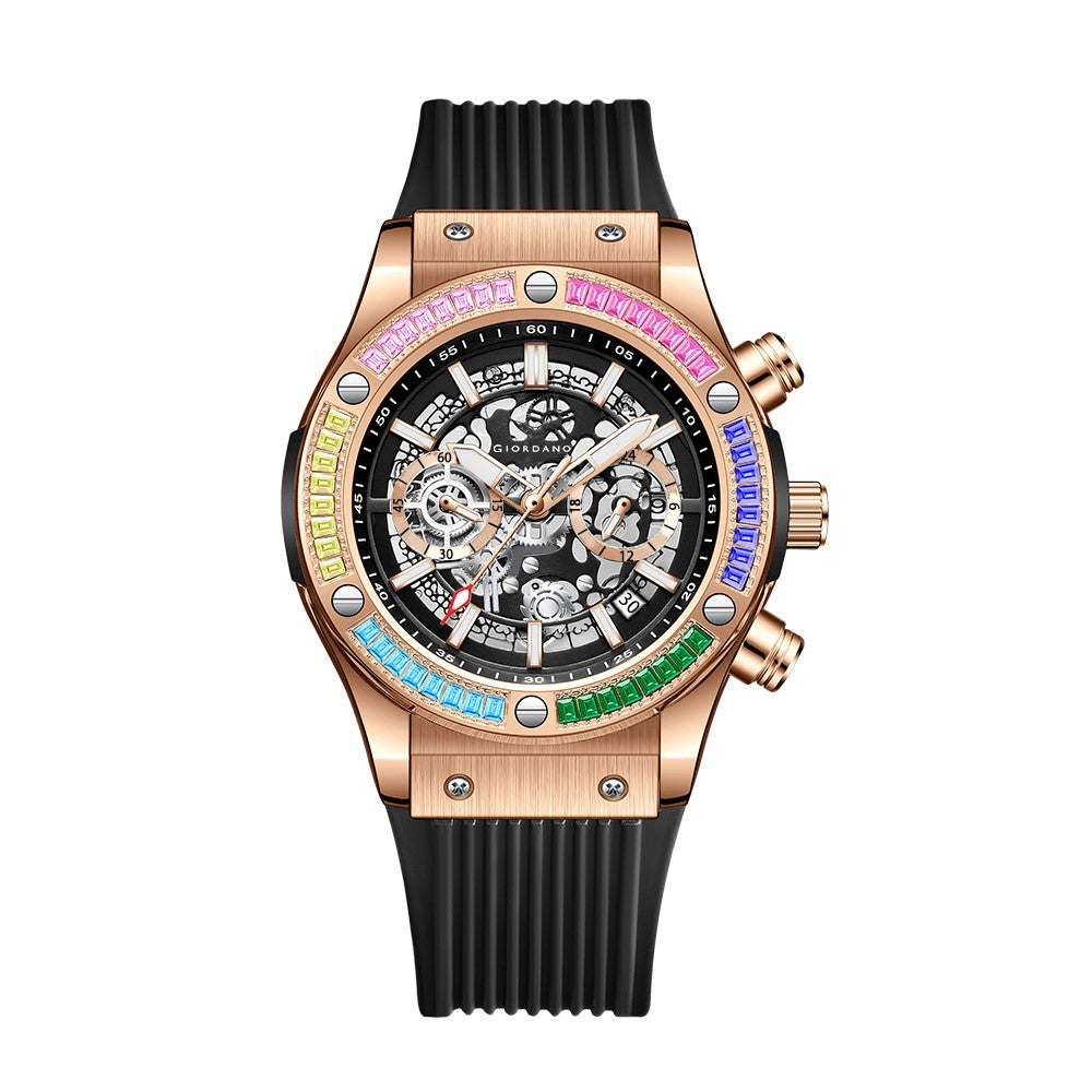 Giordano Multi-Function Watch for Men | Rainbow Crystal Bezel | Skeleton Dial | Black Sillicon Strap | GZ-50130-03