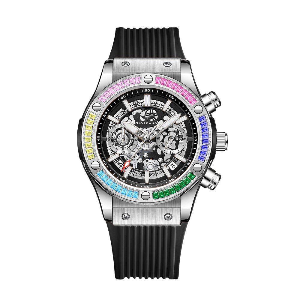 Giordano Multi-Function Watch for Men | Rainbow Crystal Bezel | Skeleton Dial | Black Sillicon Strap | GZ-50130-02