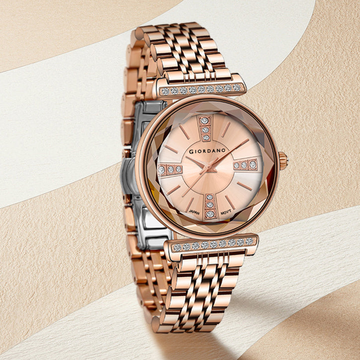 Giordano Stylish Diamond Studded Analog Wrist Watch for Women with Elegant Diamond Cut Glass and Glass Coated Stainless Steel Strap | GZ-60084-33