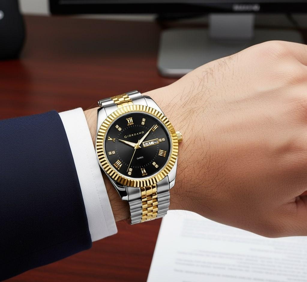 GIORDANO Analog Watch for Men – Luxury Two-Tone Stainless Steel Strap, Gold Accents, Crystal Hour Markers, Fluted Bezel, and Day-Date Display - GZ-50173-11