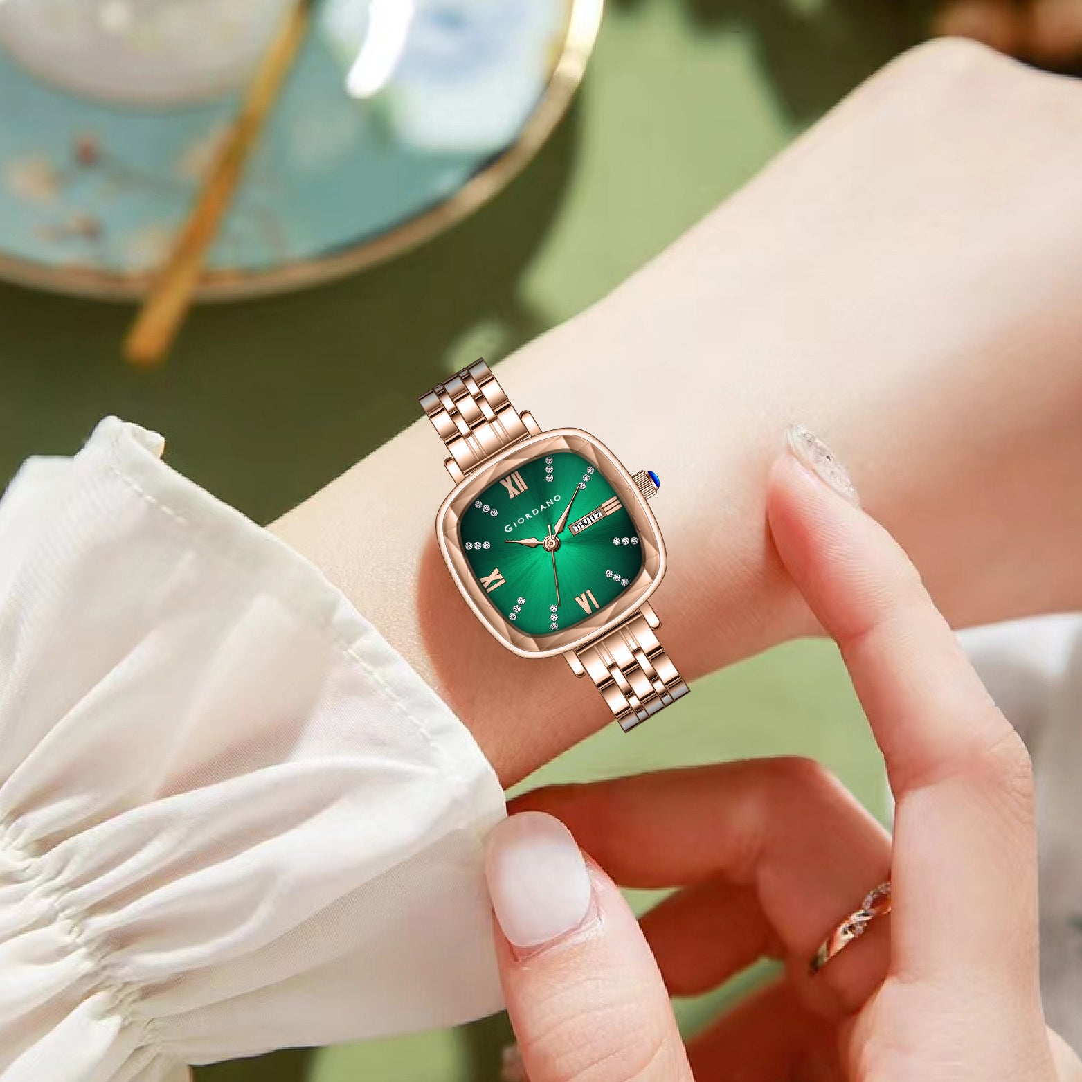 Giordano Elegant Square Rose Gold Watch for Women – Crystal & Roman Hour Markers, Day-Date Display, Stainless Steel Strap | GZ-60097-33