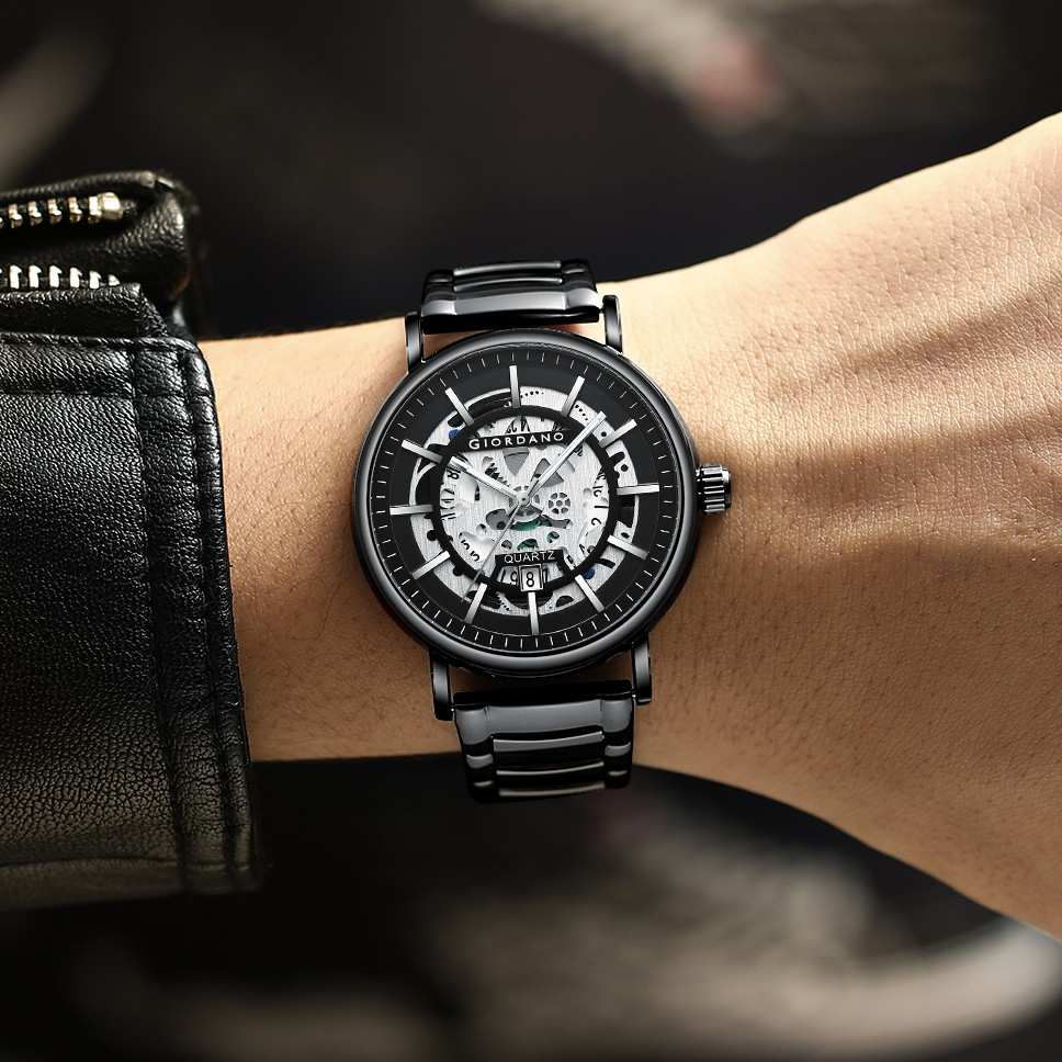 GIORDANO Classic Skeleton Design Watch for Men with Super Luminous Hands, Stainless Steel Strap, and Date Display - GZ-50182-11