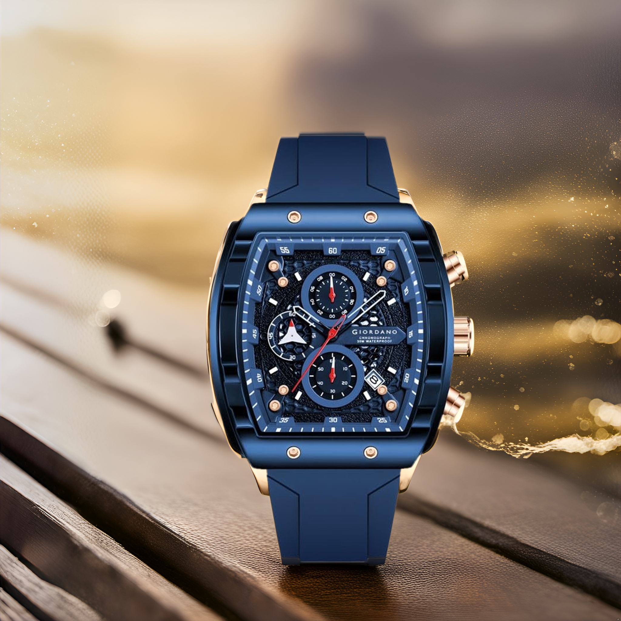 Giordano Blue Square Dial Multifuncational Watch for Men with Stylish Design, Waterproof, Date Display & Silicone Strap GZ-50123-04