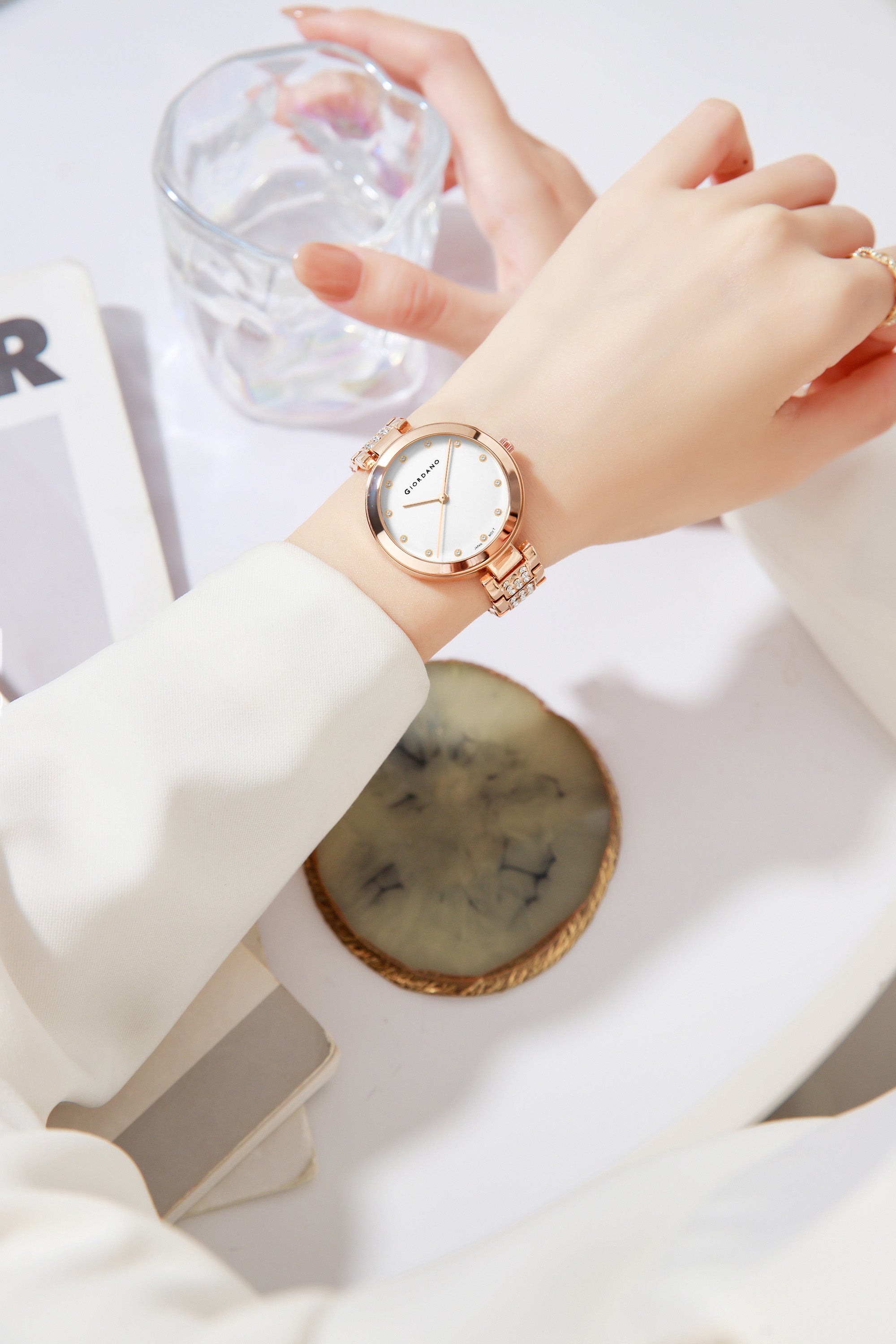 Giordano Eleganza Collection Analog Watch for Women with Crystal-Studded Strap & Diamond Indices- A2037-33