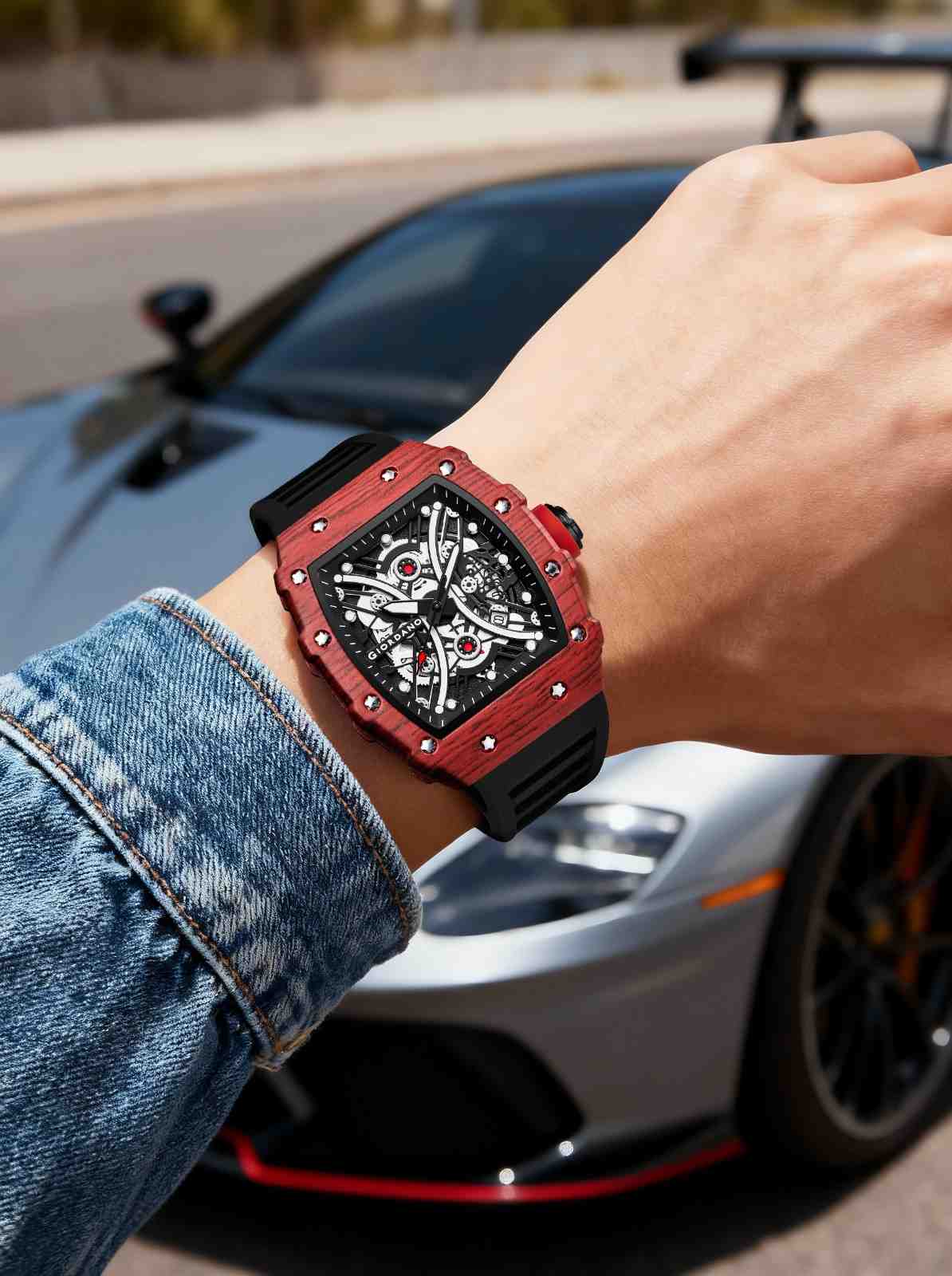 GIORDANO Analog Square Watch for Men with Skeleton Design, Rugged Textured Case, Luminous Hands, and Silicone Strap - GZ-50180-22