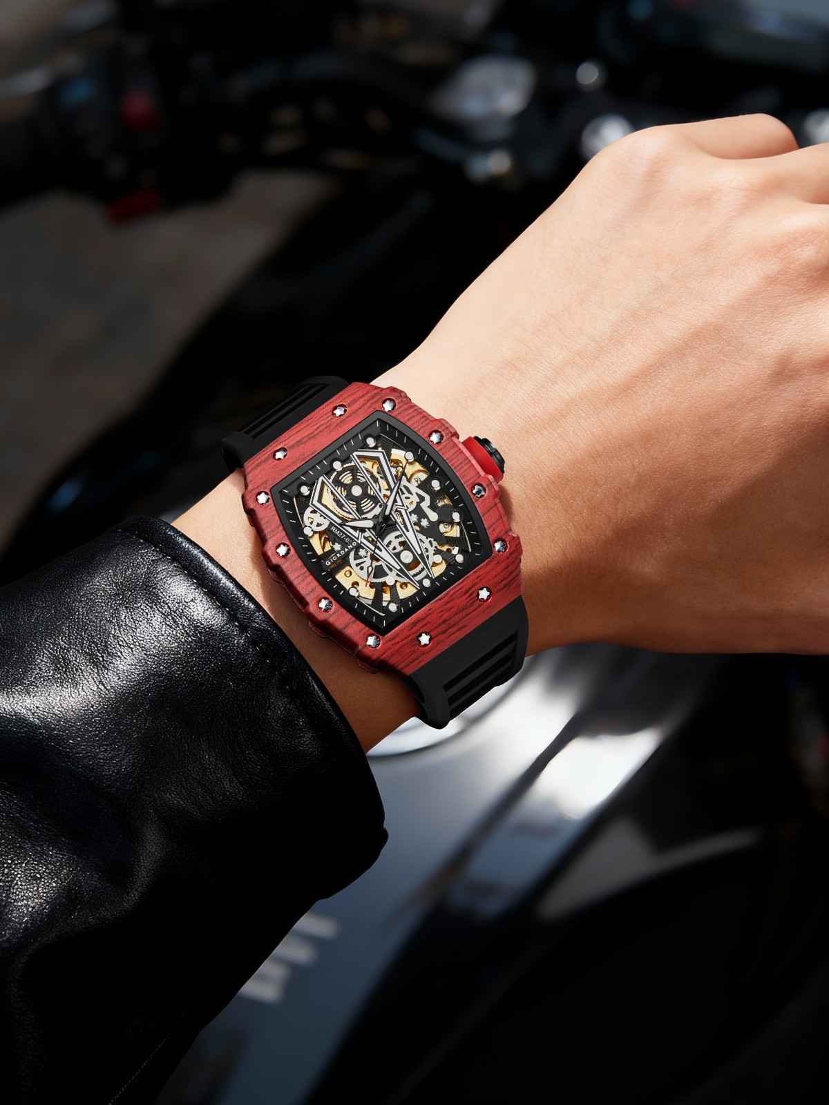 GIORDANO Automatic Square Watch for Men with Skeleton Design, Rugged Textured Case, Luminous Hands, and Silicone Strap - GZ-50181-22