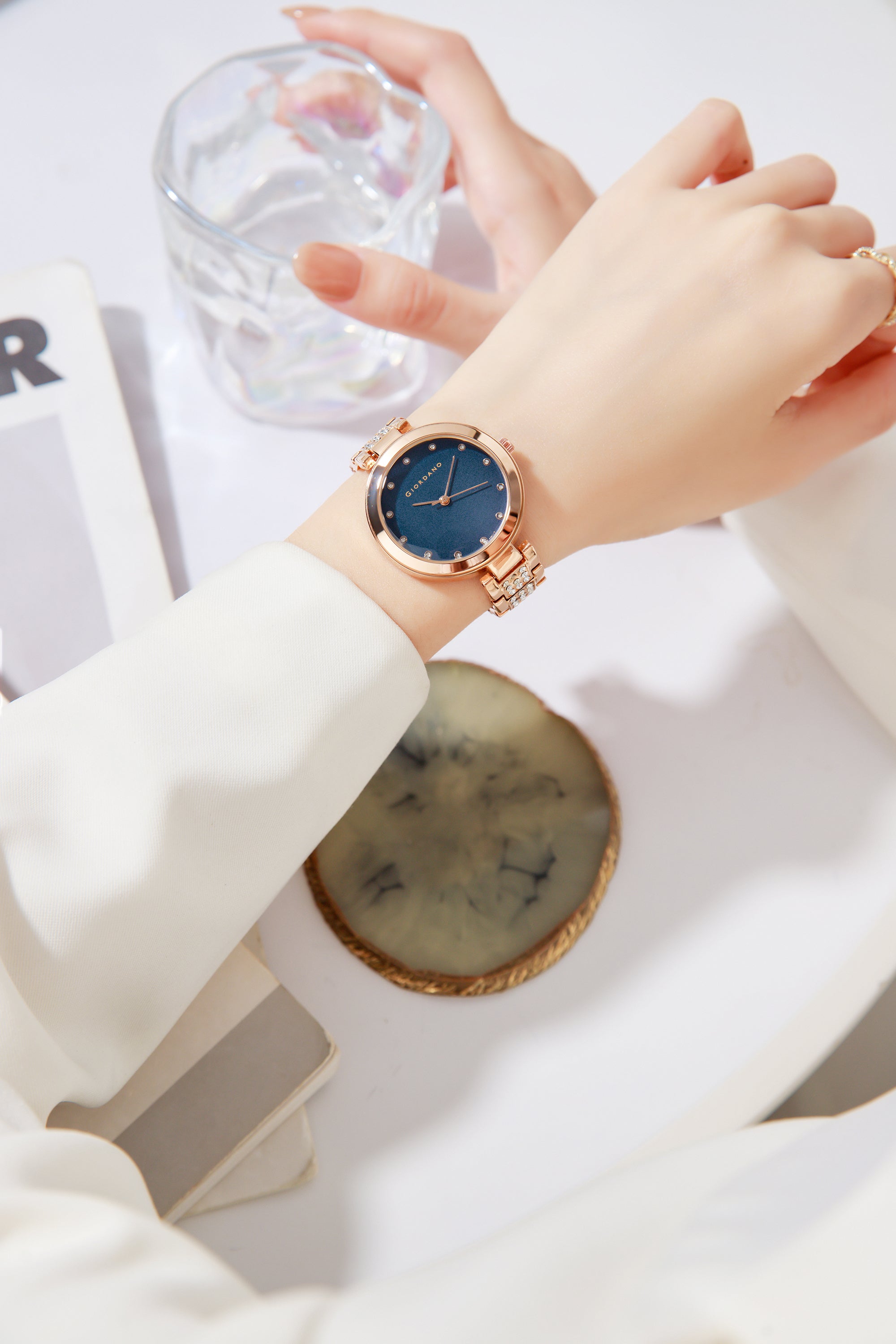 Giordano Eleganza Collection Analog Watch for Women with Crystal-Studded Strap & Diamond Indices-A2037-44