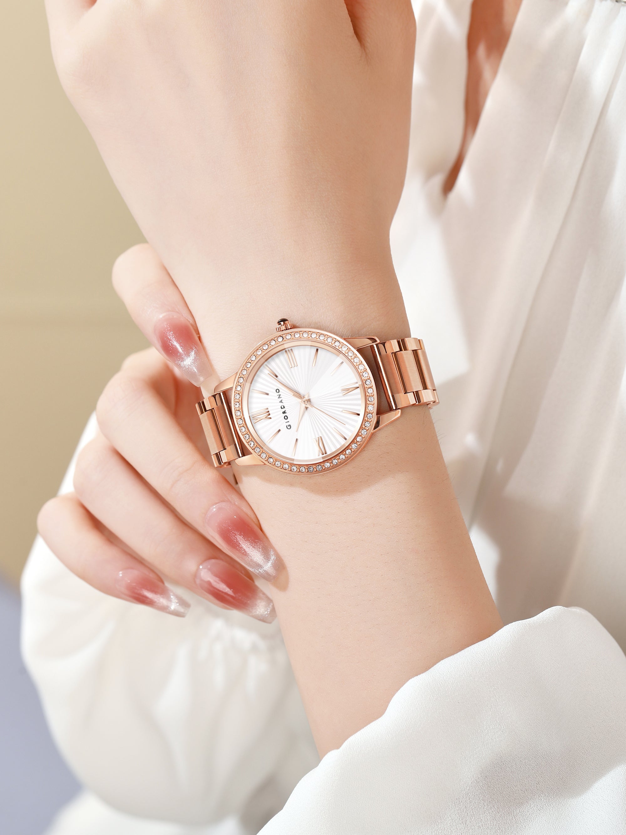 Giordano classic Watch for Women with Round Diamond Cut Glass Dial, Elegant Stainless Steel Strap with Quartz Movement | GZ-60118-44