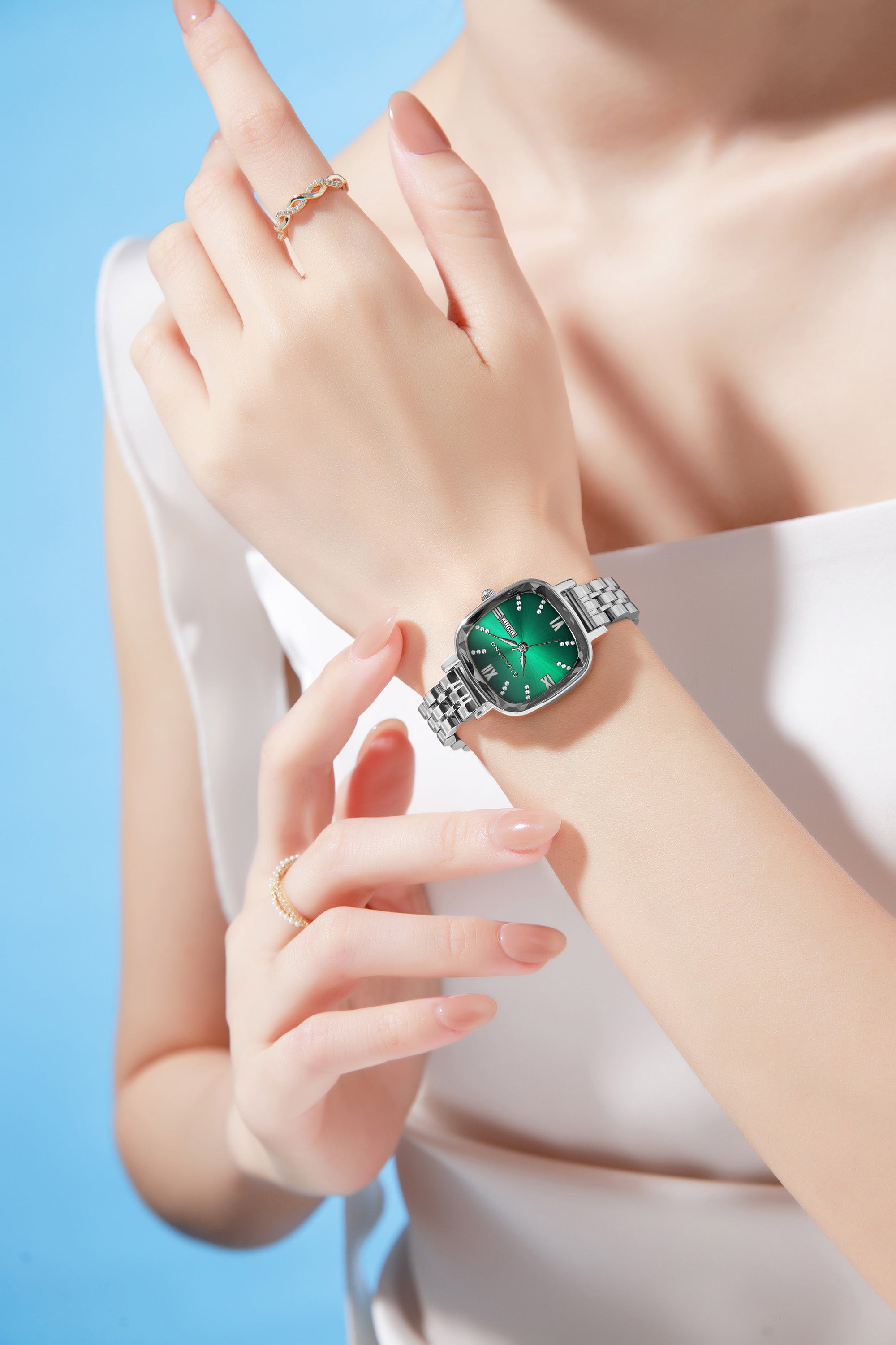 Giordano Elegant Square Watch for Women – Crystal & Roman Hour Markers, Day-Date Display, Stainless Steel Strap | GZ-60097-99